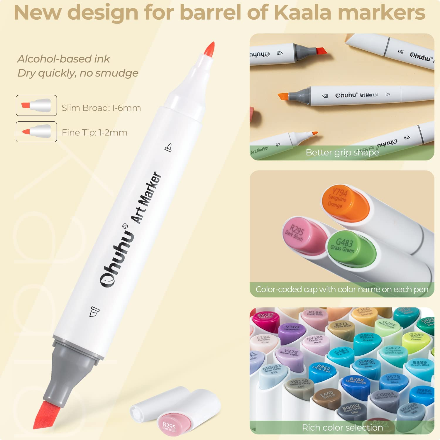 Ohuhu Alcohol Based Markers Slim Chisel and Fine Double Tipped Art Marker Set for Artists Adults Coloring Professional Designers - 24 Basic Colors - Kaala Series of Ohuhu Markers image number 5