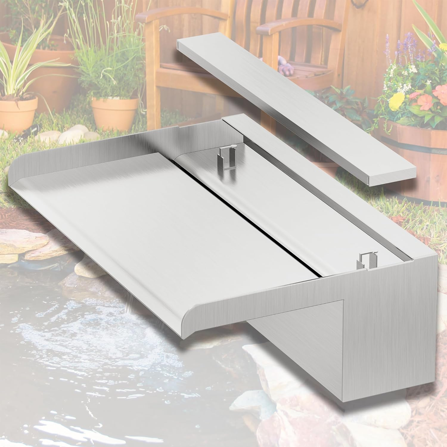 Pond Waterfall Blade Kit, 30Cm Stainless Steel Pool Fountain with Accessories, Width 20Cm Spillway Water Feature Waterfall Cascade for Garden Patio Pond Decoration