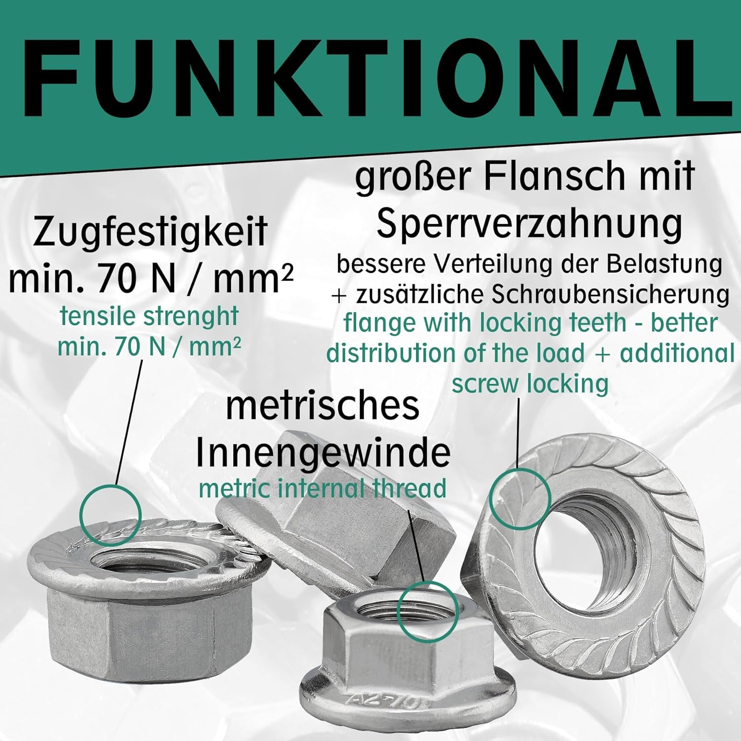 Flange Nut with Locking Toothing According to DIN 6923 / A2 Stainless Steel V2A / Hex Nut with Flange and Locking Toothing, Folding Nut (Pack of 10, M12) image number 4