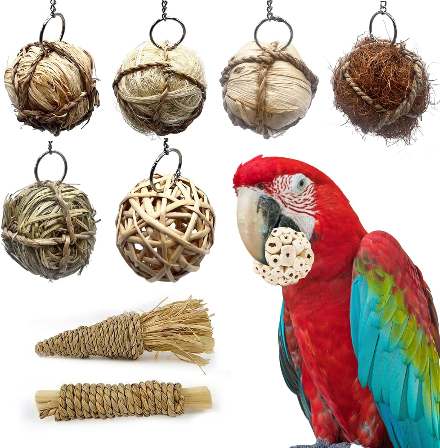 SUSOO 9-Pcs Natural Bird Chew Toys Set, Safe Hangable Shredding Foraging Toys with Sola Balls, Rattan & Corn Vines for Parrots, Parakeet, Budgie, Conure, Love Birds, Cockatiel and Small Pets