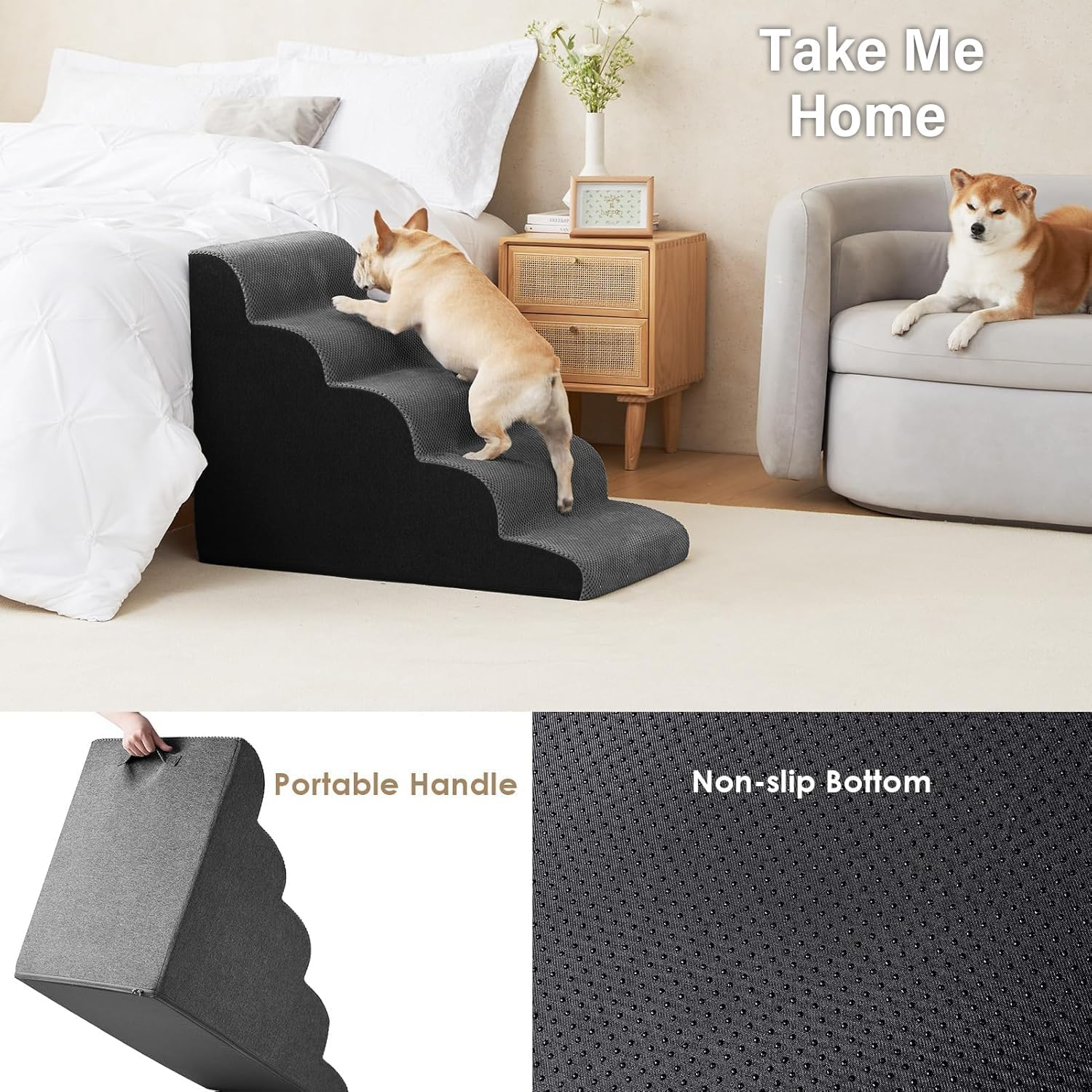 Curved Dog Stairs Ramp, 5 Steps Spliceable Dog Stair, 58Cm Height Pet Stairs for High Bed 28" H Climbing, 35D Foam Non-Slip Bottom Pet Step Indoor & Outdoor Multi-Use with Removable & Washable Cover image number 5