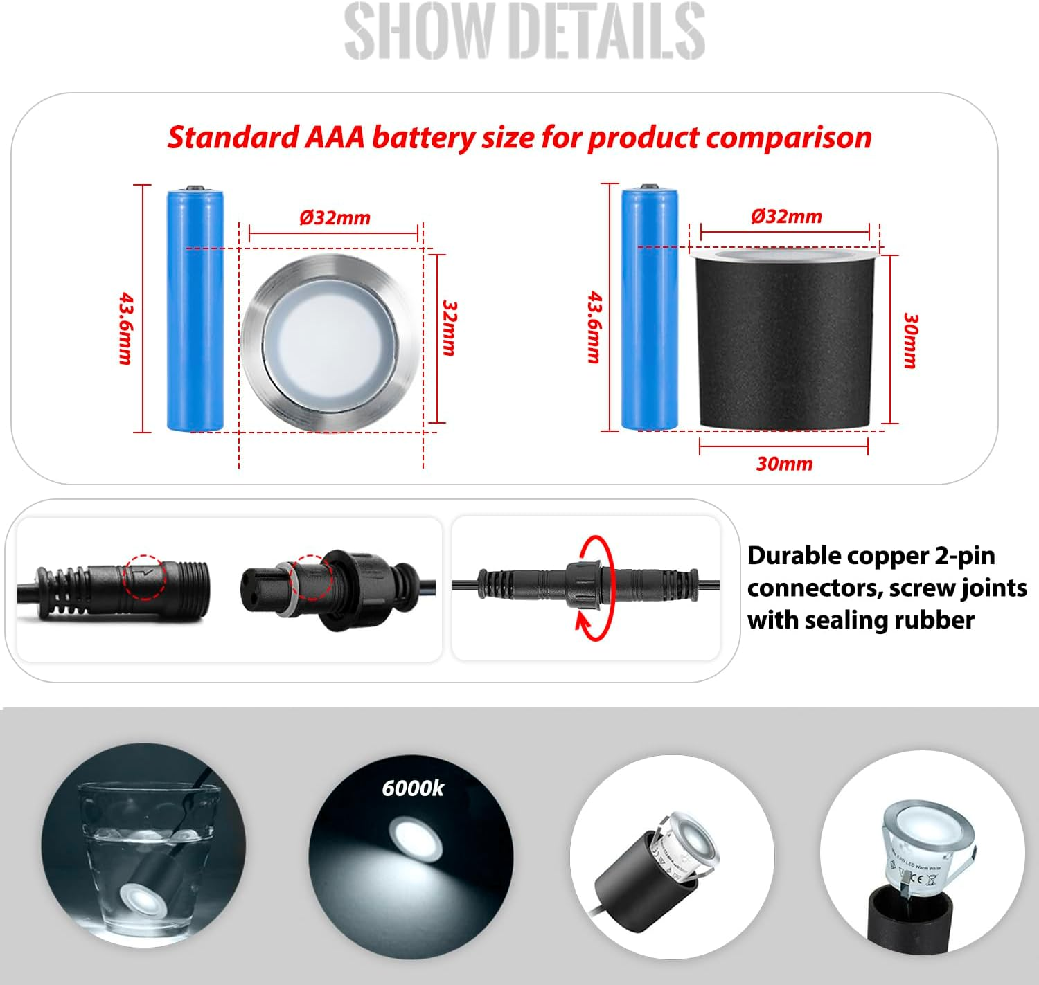 Arotelicht 16Pack LED Deck Lights, IP67 Waterproof Recessed Spotlight with Protecting Shell &Oslash;32Mm, Low Voltage Decking Lights for Outdoor Garden Patio Step Plinth and Indoor Kitchen Floor image number 3