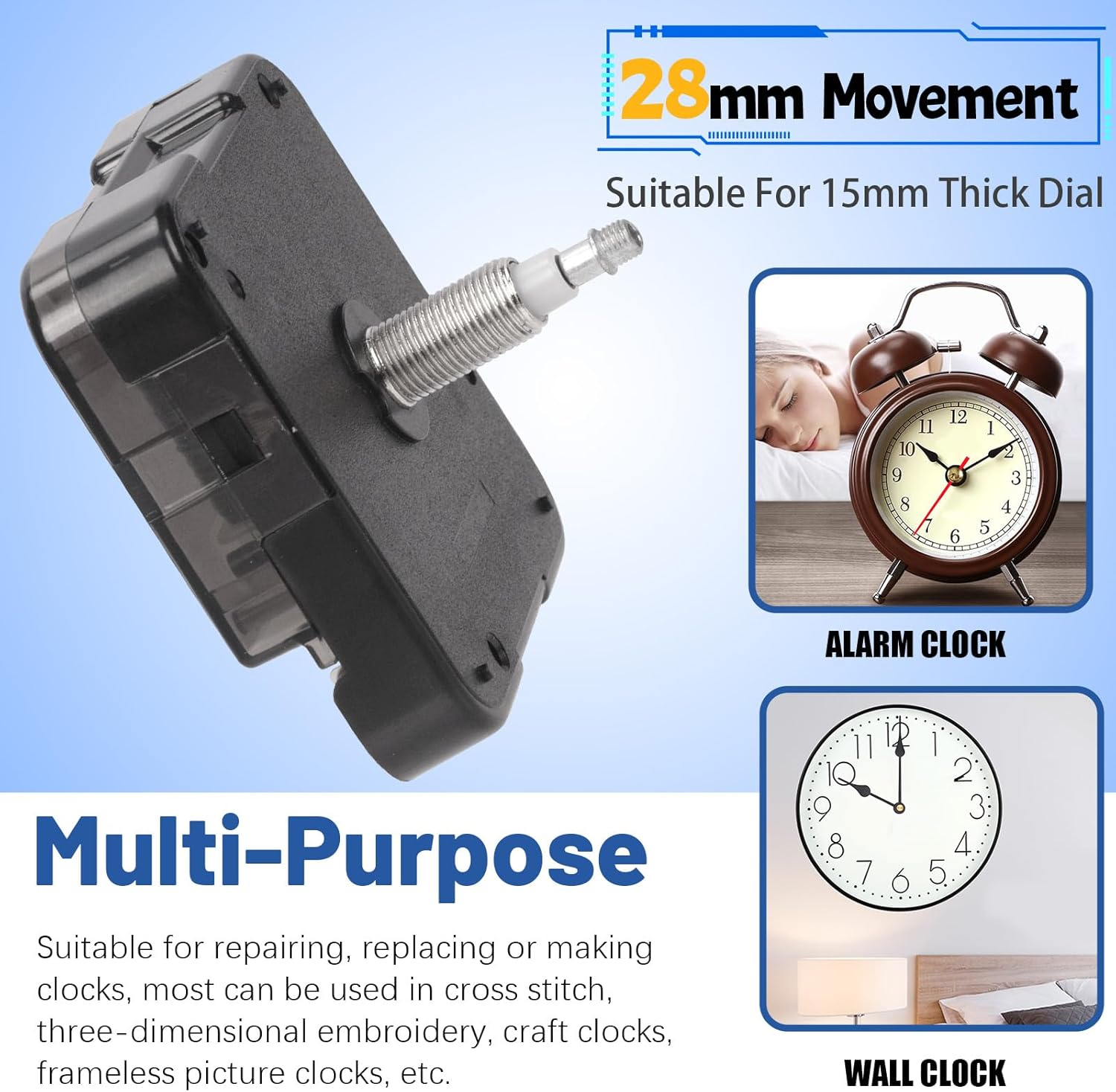 Glarks 12Pcs 28MM Golden High Torque Long Shaft Clock Movement Mechanism Kit Includes 1Pcs Clock Movements with 1Pcs Hooks, 4 Different Pairs Clock Hands, 4Pcs Mounting Hardware, 2Pcs Clock Numerals image number 4