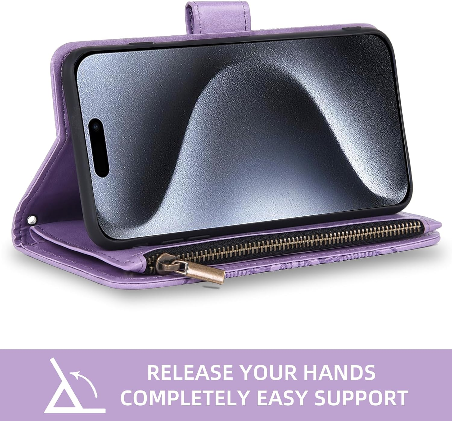 Asuwish Compatible with Iphone 15 Pro 6.1 Inch Wallet Case and Tempered Glass Screen Protector Flip Credit Card Holder Cell Phone Cover for Iphone15Pro 5G I I-Phone I15 Iphone15 15Pro Women Men Purple - Purple image number 2