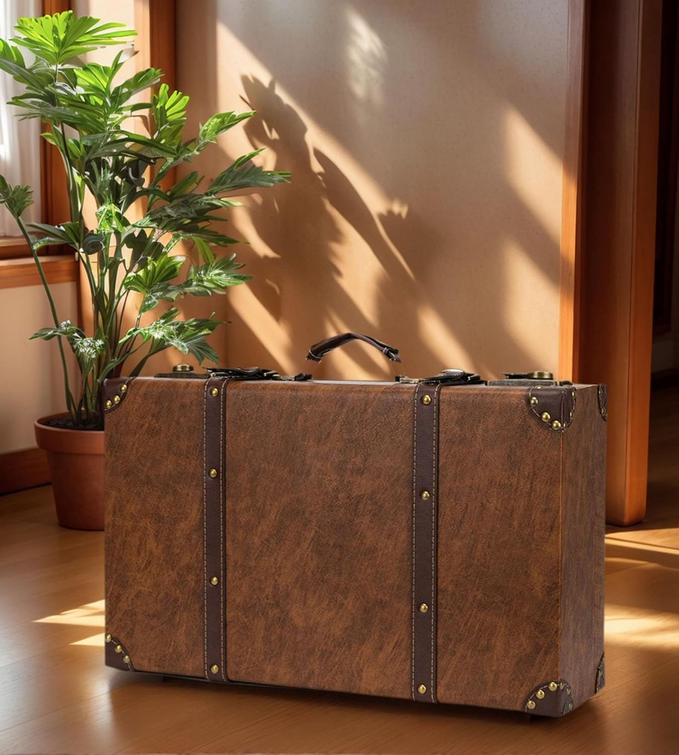 Feilario Vintage Leather Storage Trunk Small Portable Decorative Luggage Suitcase Movie Prop Luggage- 2 Size Option (Brown, S/L Set) image number 4