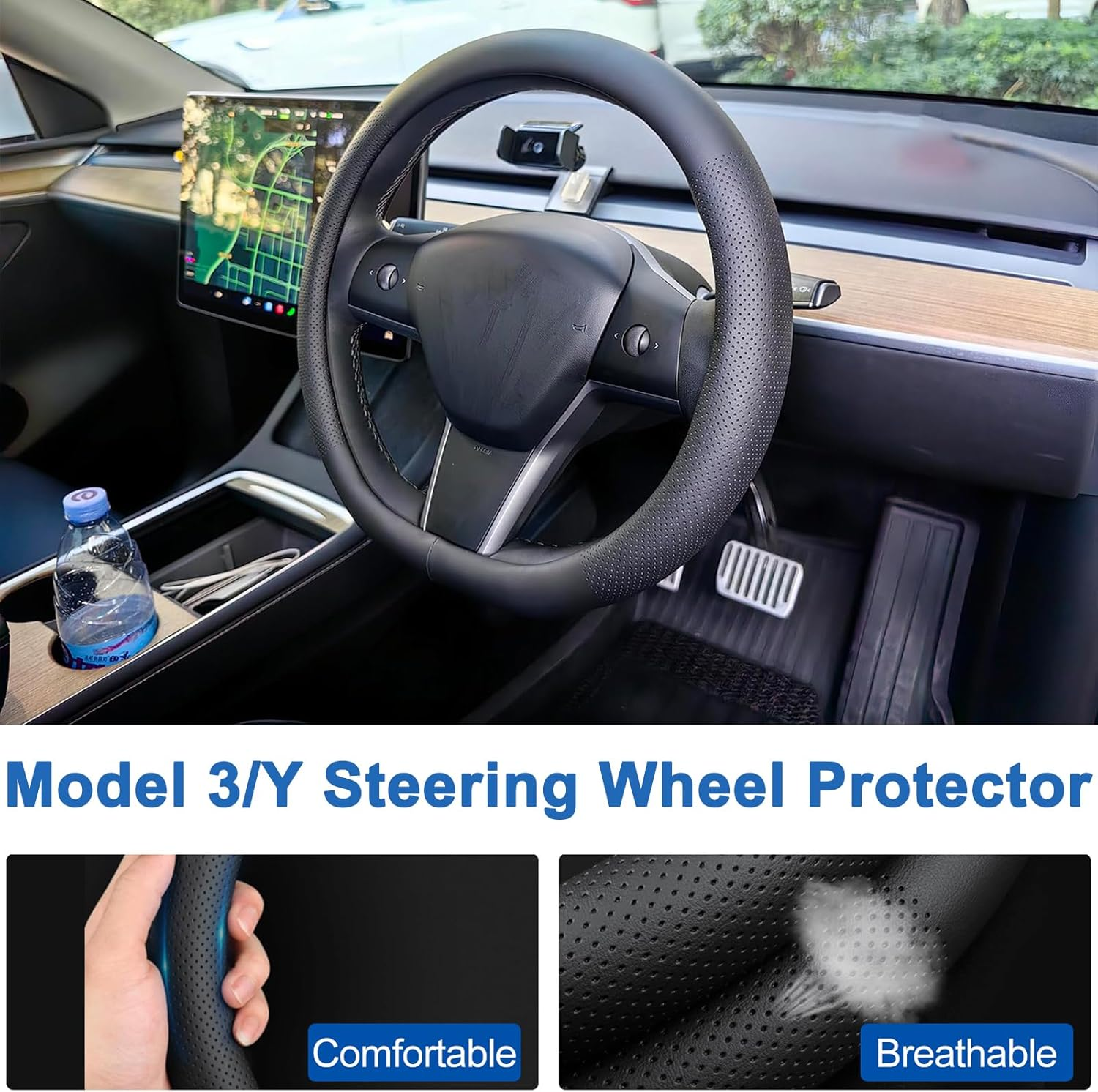 Nappa Leather Steering Wheel Cover for Tesla Model Y Juniper 2025 2026, Non-Slip Breathable Thin Comfortable Steering Wheel Protector for Model 3 Highland 2025 2024 (Black) image number 4
