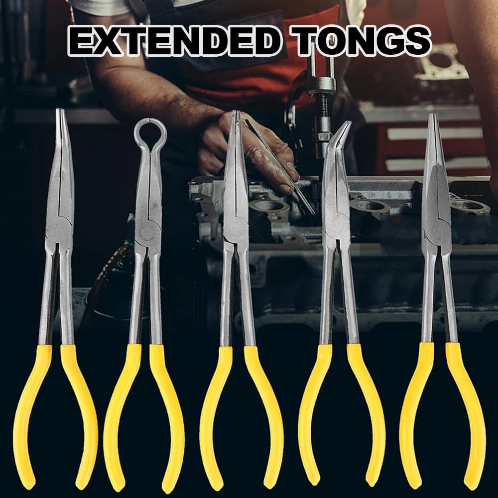 5-Piece 11-Inch Pliers Set: Long Nose, Straight, Bent Nose (25&deg;, 45&deg;, 90&deg;) & round Pliers for Car Repair image number 2