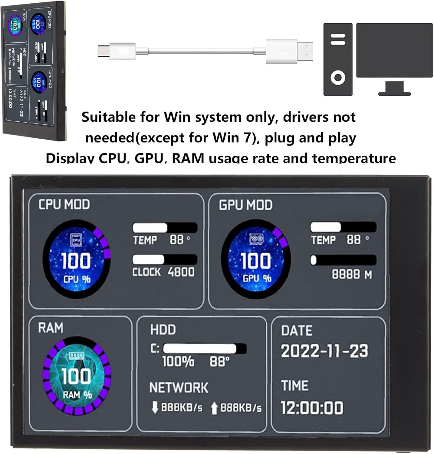 3.5 Inch IPS USB Mini Screen, PC CPU HDD Data Monitor, Computer Temperature Display, Type-C Sub Screen, Portable Small HD Monitor for System Desktop image number 4