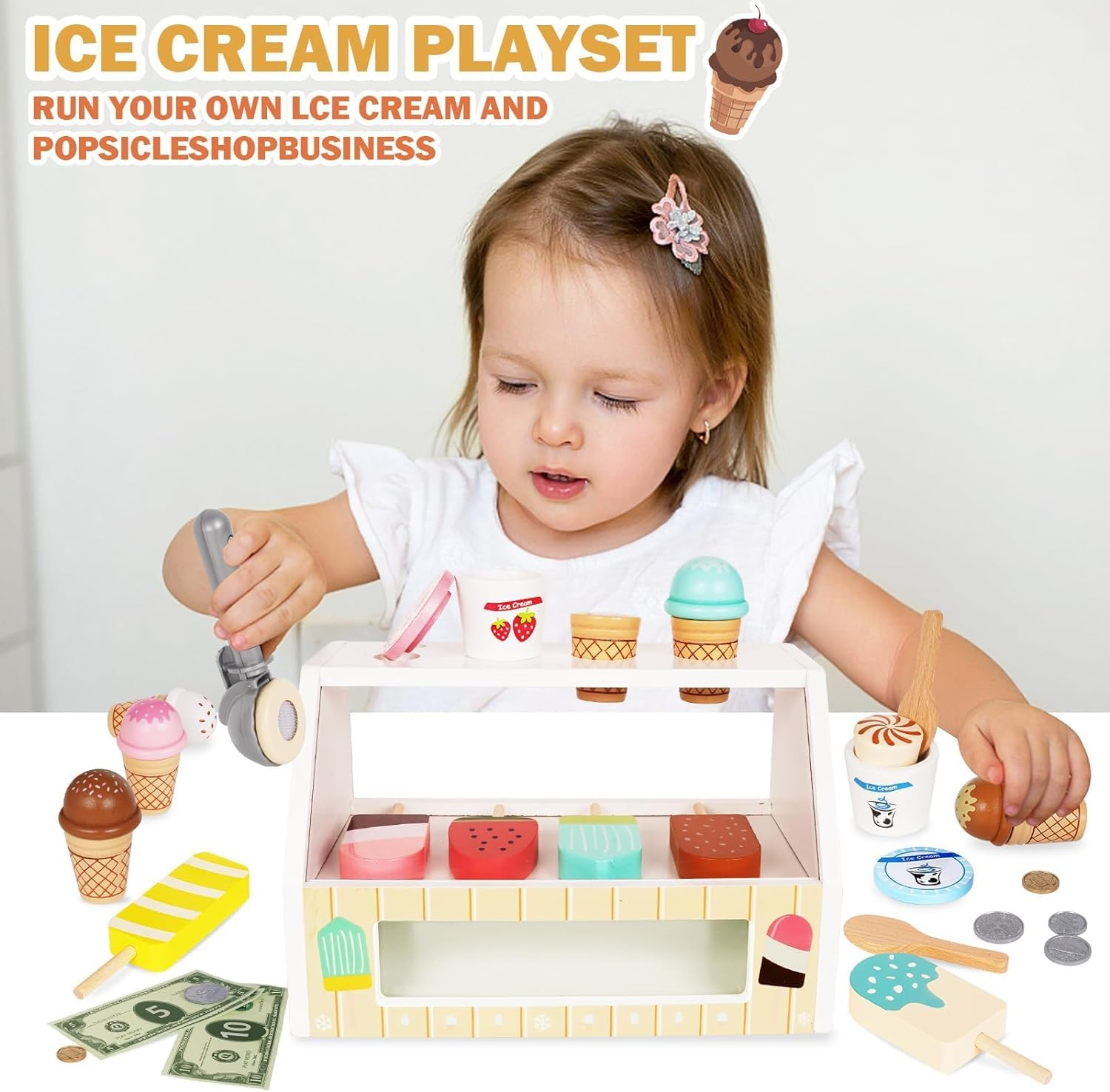 Ice Cream Counter Playset for Kids, Montessori Pretend Play Food Toys Kitchen Accessories Wooden Popsicle Set with Scoop & Fake Cash,Ice Cream Shop Toys Toddler Learning Toy for Kids image number 1