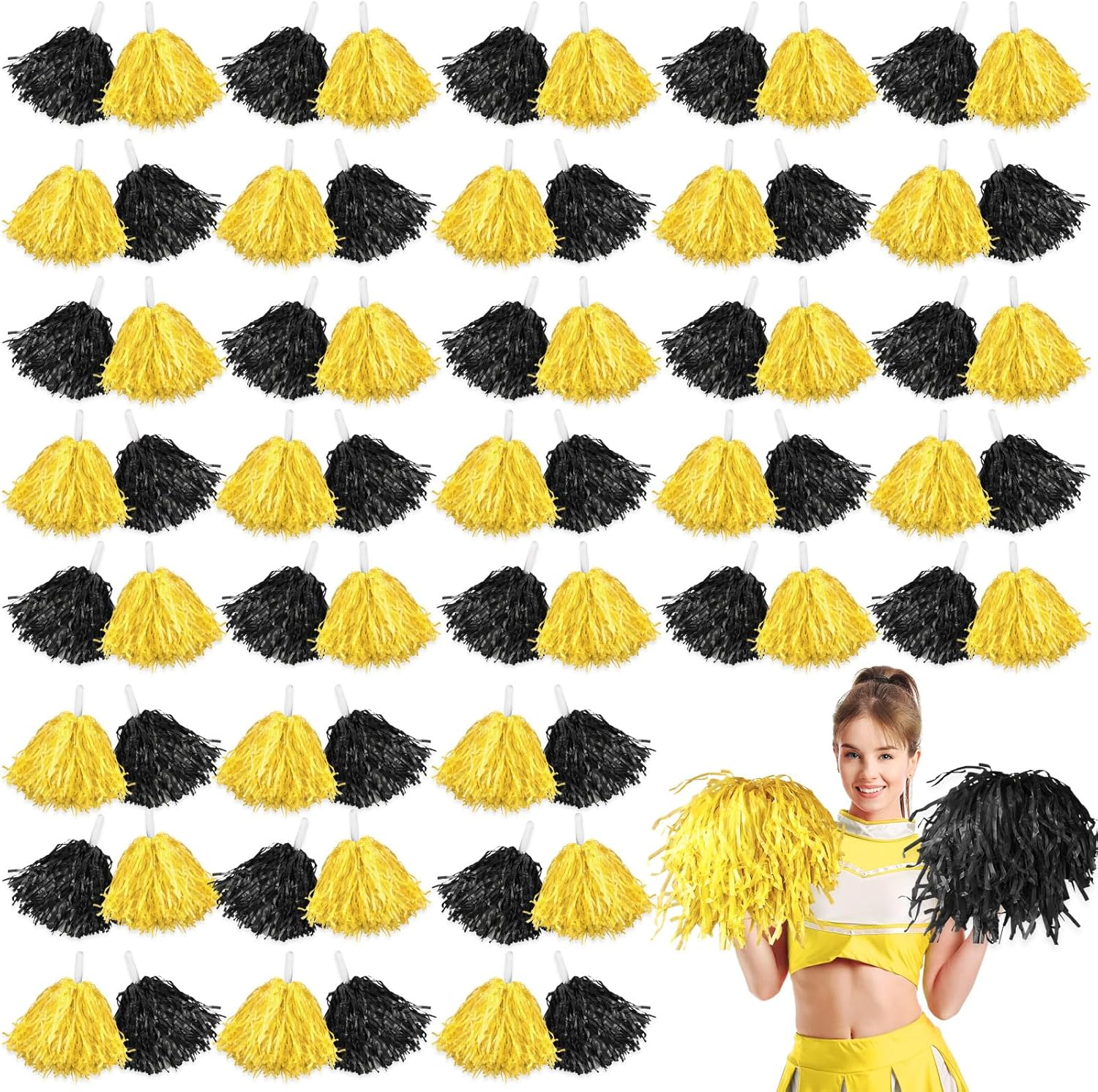 Meooeck 80 Pcs Cheerleading Pom Poms Sports Dance Cheer Pompoms with Handles Plastic Cheerleader Stuff for Sport Gymnastics Adults Cheering Team Party Decorations(Yellow) - Black,Yellow