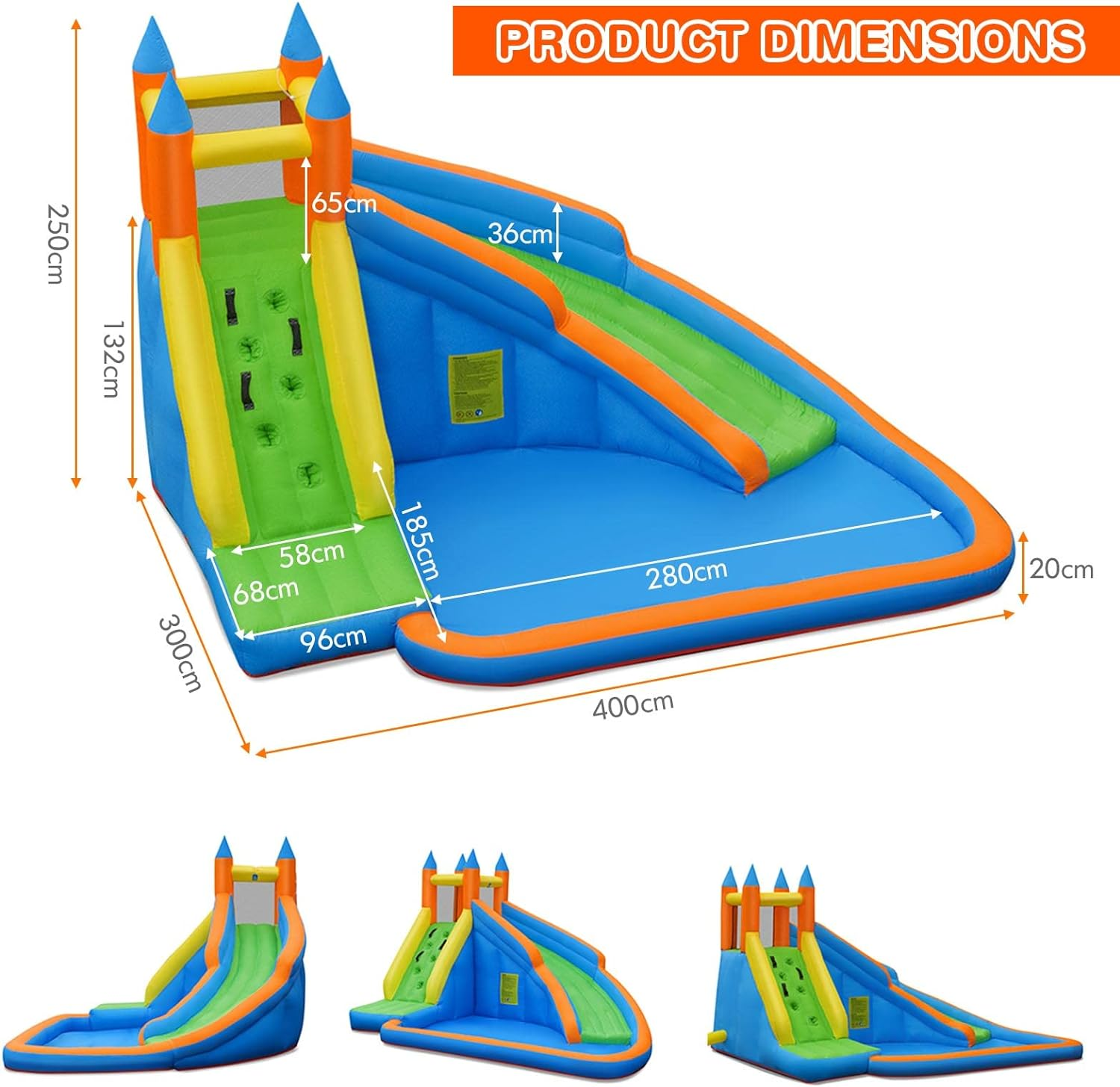 HONEY JOY Inflatable Water Slide Bouncer, Children Wet & Dry Bounce House with Climbing Wall, Long Slide, Splash Pool, Inflatable Water Park W/Oxford Carry Bag, Repairing Kit, Stakes (Without Blower) image number 4