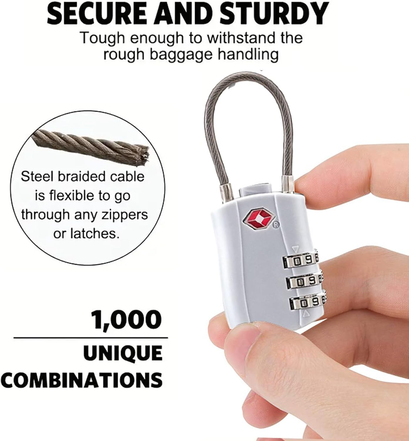 4 Pack TSA Approved Luggage Locks, Combination Travel Cable Lock, 3-Digit Waterproof Padlock with Alloy Body, Keyless Resettable Suitcase Locks for Travel, Lockers, Bags, Backpack, Gym (White - Black image number 5