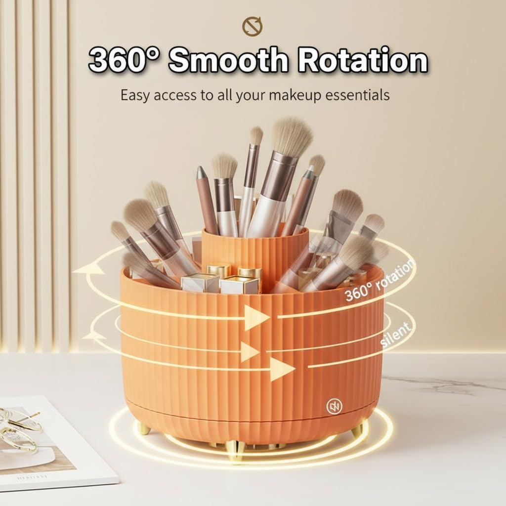 Spinning Makeup Brush Holder, 360&deg; Rotating Makeup Brush Organizer with 5 Slots, Large Capacity Cosmetic Storage Cup for Makeup Brushes, Lipsticks, Nail Polish, Bathroom Vanity Organizer(Orange) image number 4