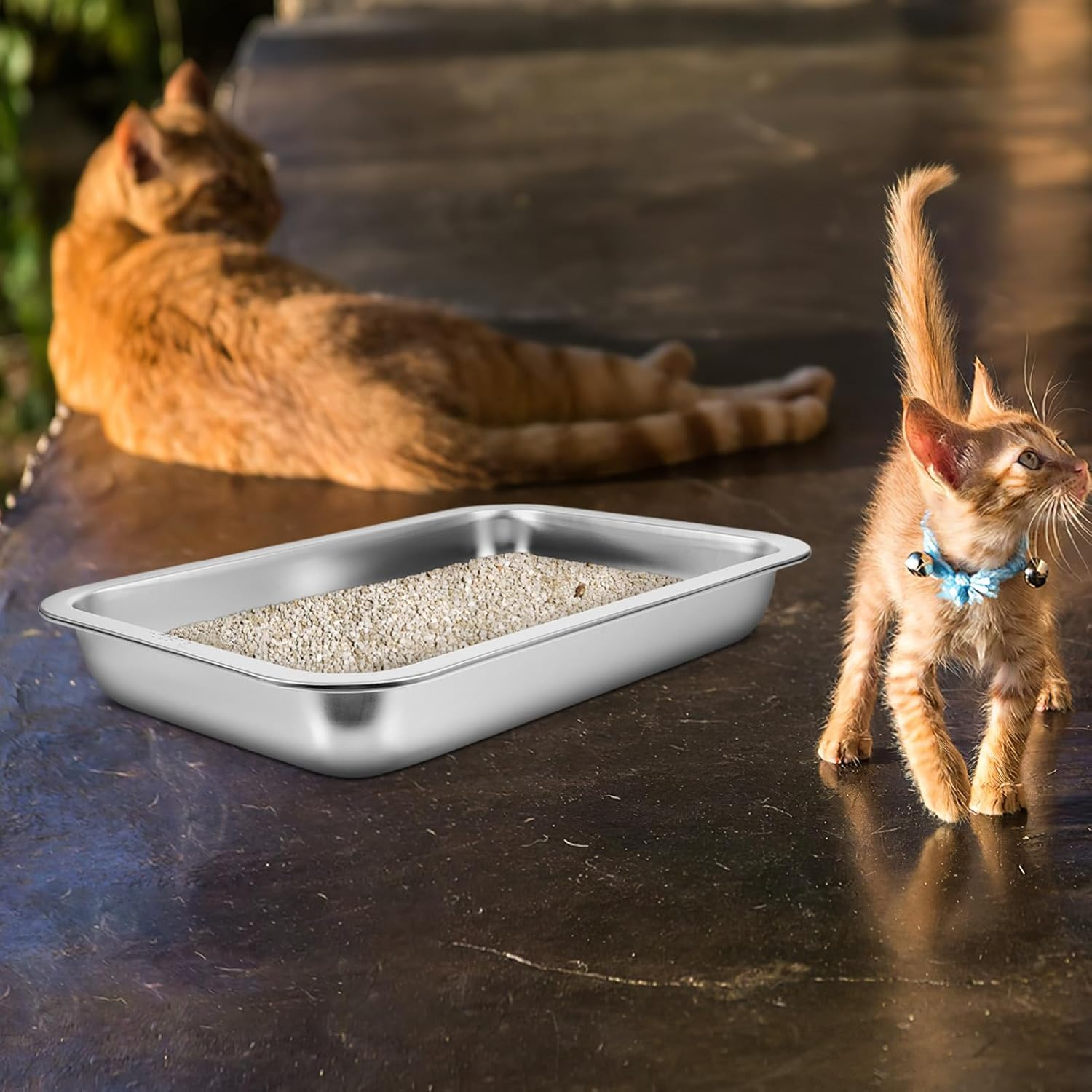 Stainless Steel Cat Litter Box, Open Shallow Kitten Litter Tray for Senior Cats and Kittens, Low Entry Metal Litter Pan for Hamsters Rabbits Guinea Pigs