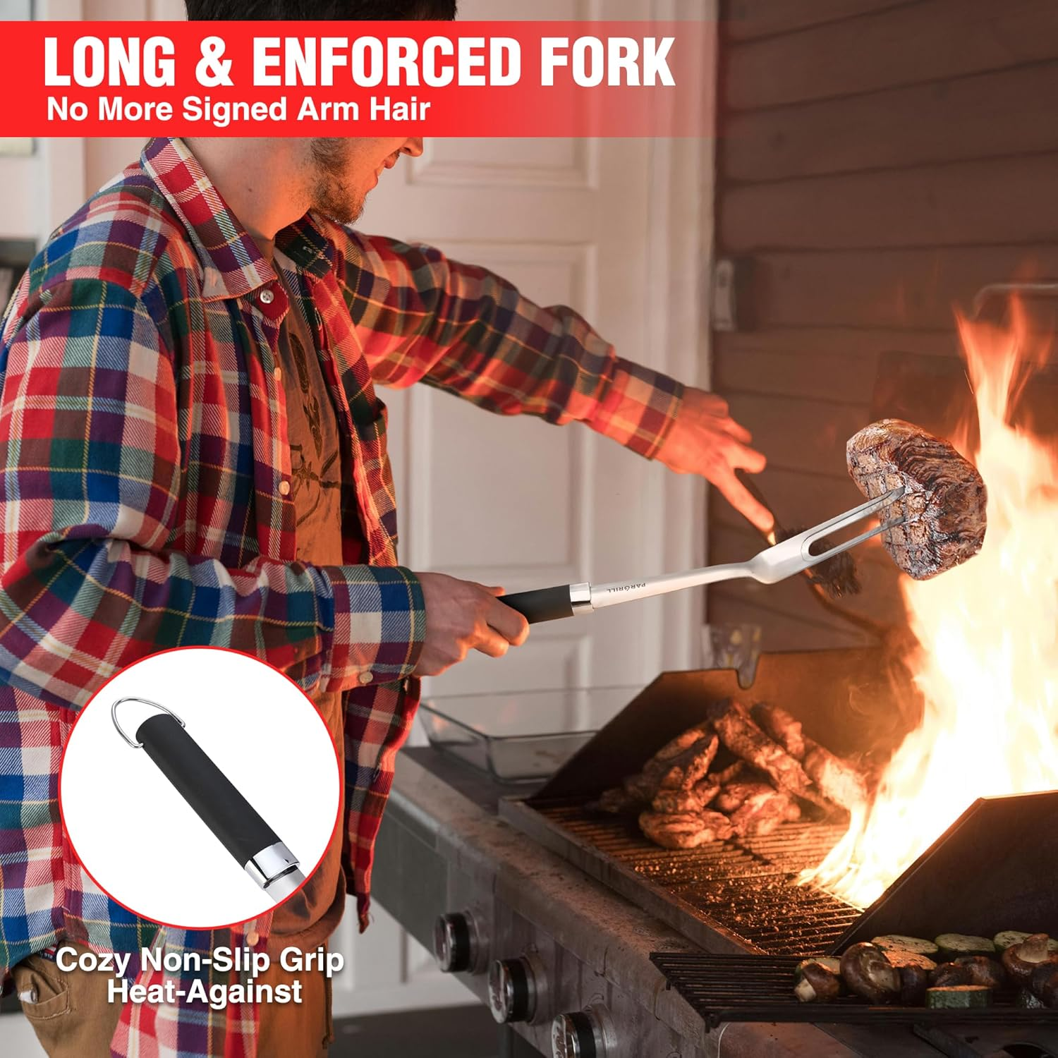 PARGRILL Grill Accessories Heavy Duty BBQ Set Gifts for Men/Women - Premium Stainless Steel Spatula, Fork, Brush & Tongs, Barbecue Utensils Tool Kit Gift for Grilling Lover Outdoor image number 5