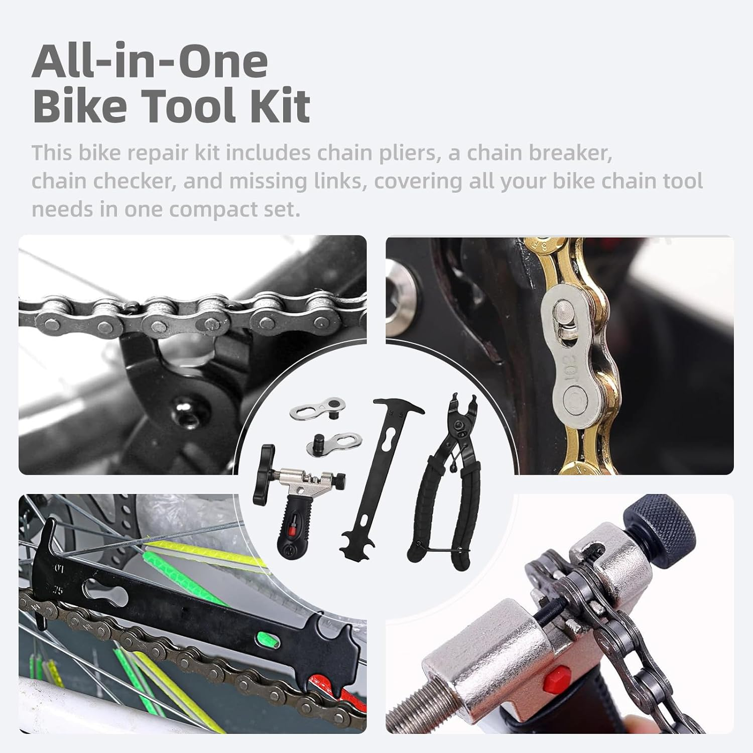 Suytvenxau Bike Chain Repair Tool Kit Set - Cycling Bicycle Chain Breaker Splitter Cutter & Wear Indicator Checker & Master Link Pliers Remover & Reusable Missing Connector for 6/7/8/9/10 Speed Chain image number 3