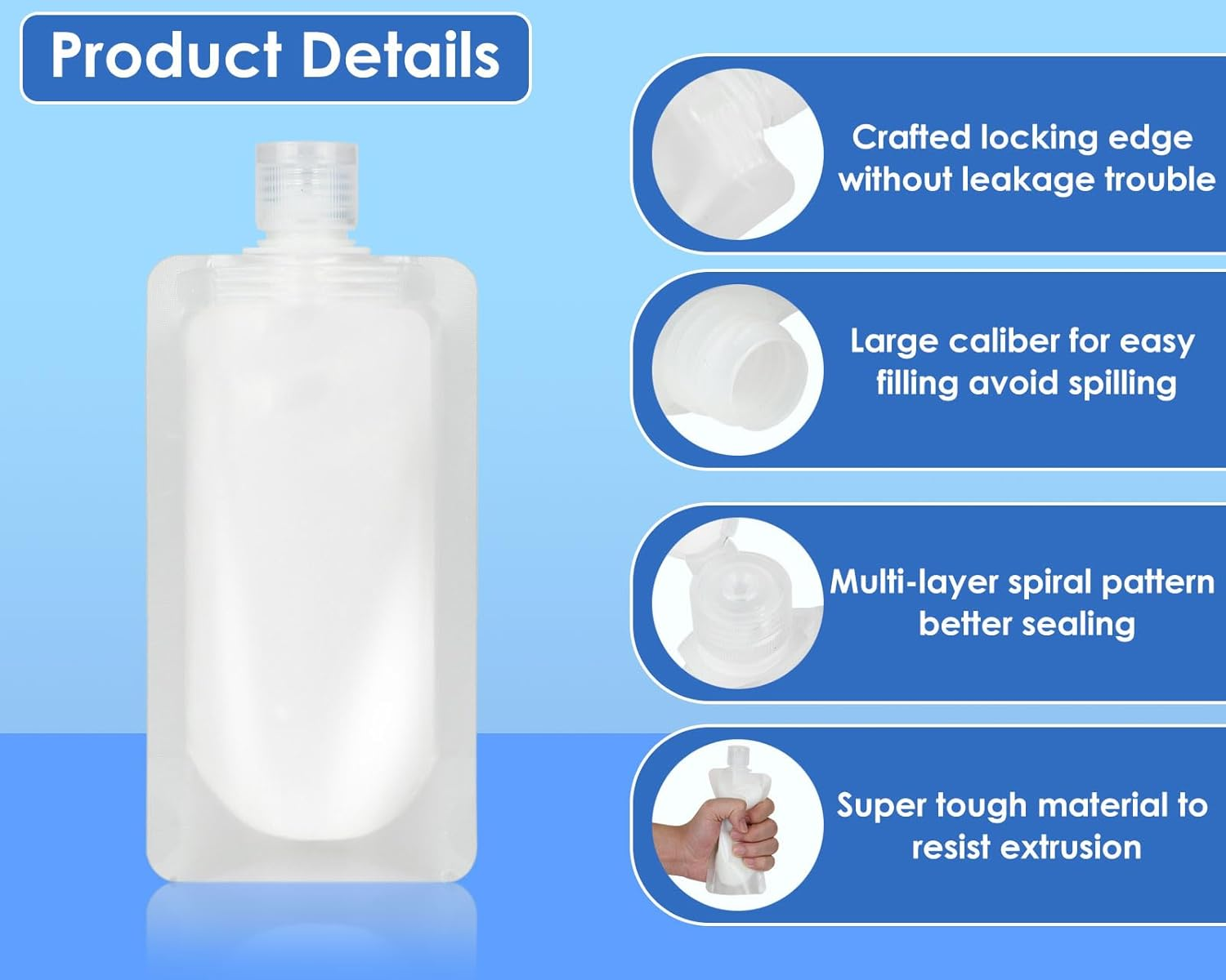 DS. DISTINCTIVE STYLE Travel Pouches for Toiletries Set of 15 Pieces - 30 Ml/50 Ml/100 Ml Portable Travel Liquid Pouch Squeeze Refillable Travel Containers for Conditioner, Lotion and Soap Liquids image number 4