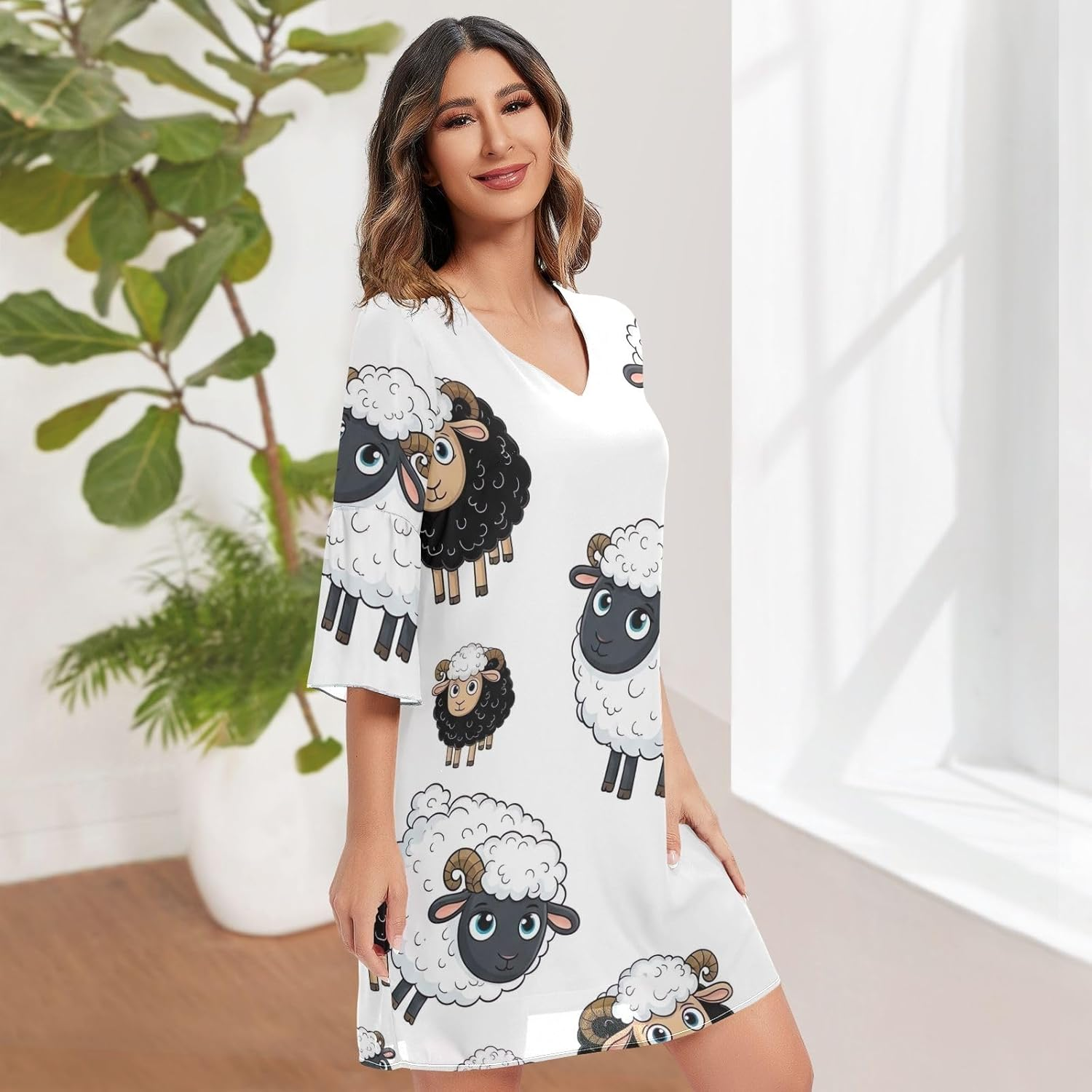 Cute Cartoon Sheep Casual V Neck Dress Printed Line Maternity Dress S-XXL image number 1