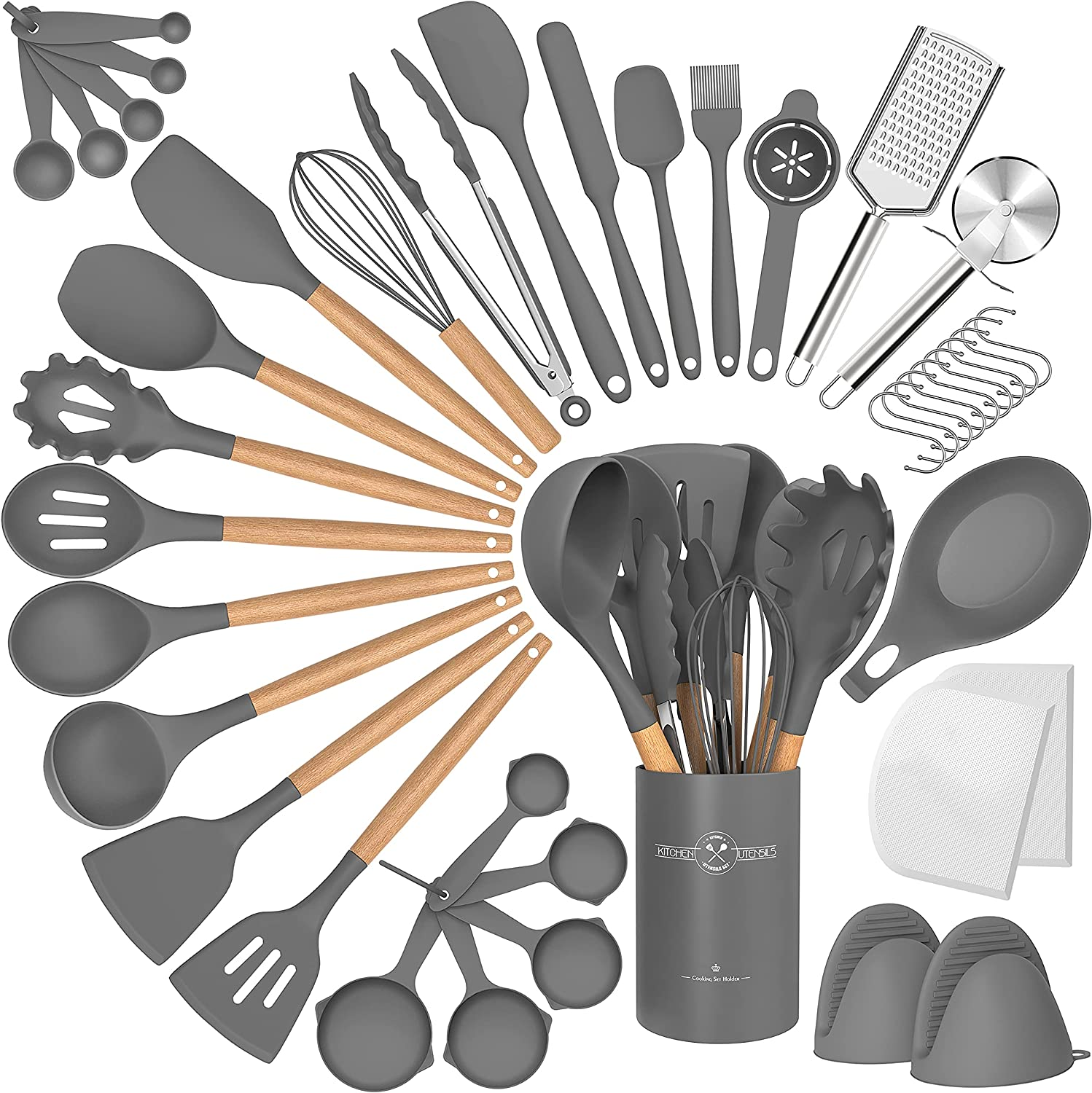 Silicone Cooking Utensils Set, 43Pcs Non-Stick Heat Resistant Kitchen Utensils Spatula Set with Wooden Handle for Baking, Cooking, and Mixing, Best Kitchen Gadgets Tools with Holder (Black)