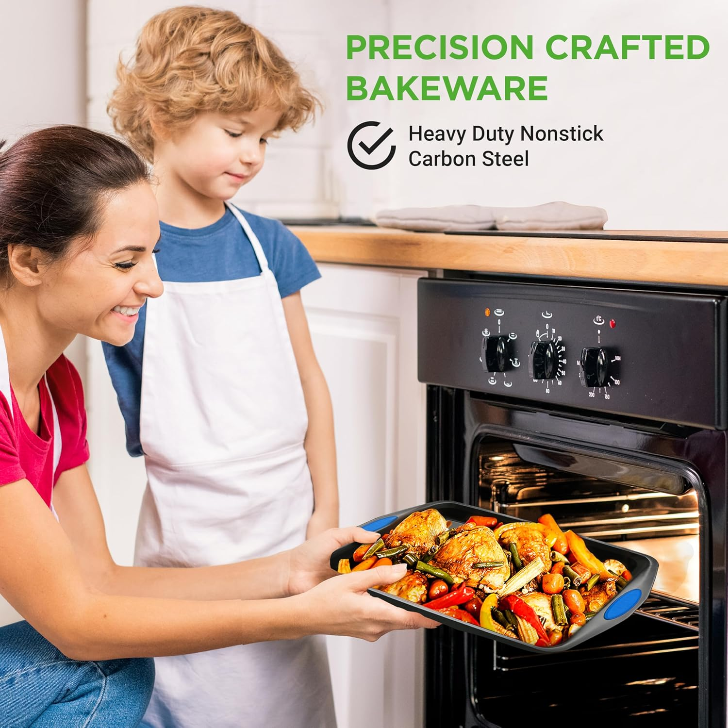 Nutrichef 3-Piece Baking Pan Set - Premium Nonstick Carbon Steel Bakeware W/Silicone Handles - Includes Large, Medium, & Small Pans for Baking & Roasting - PFOA, PFOS, PTFE Free - Gray - Gold image number 4
