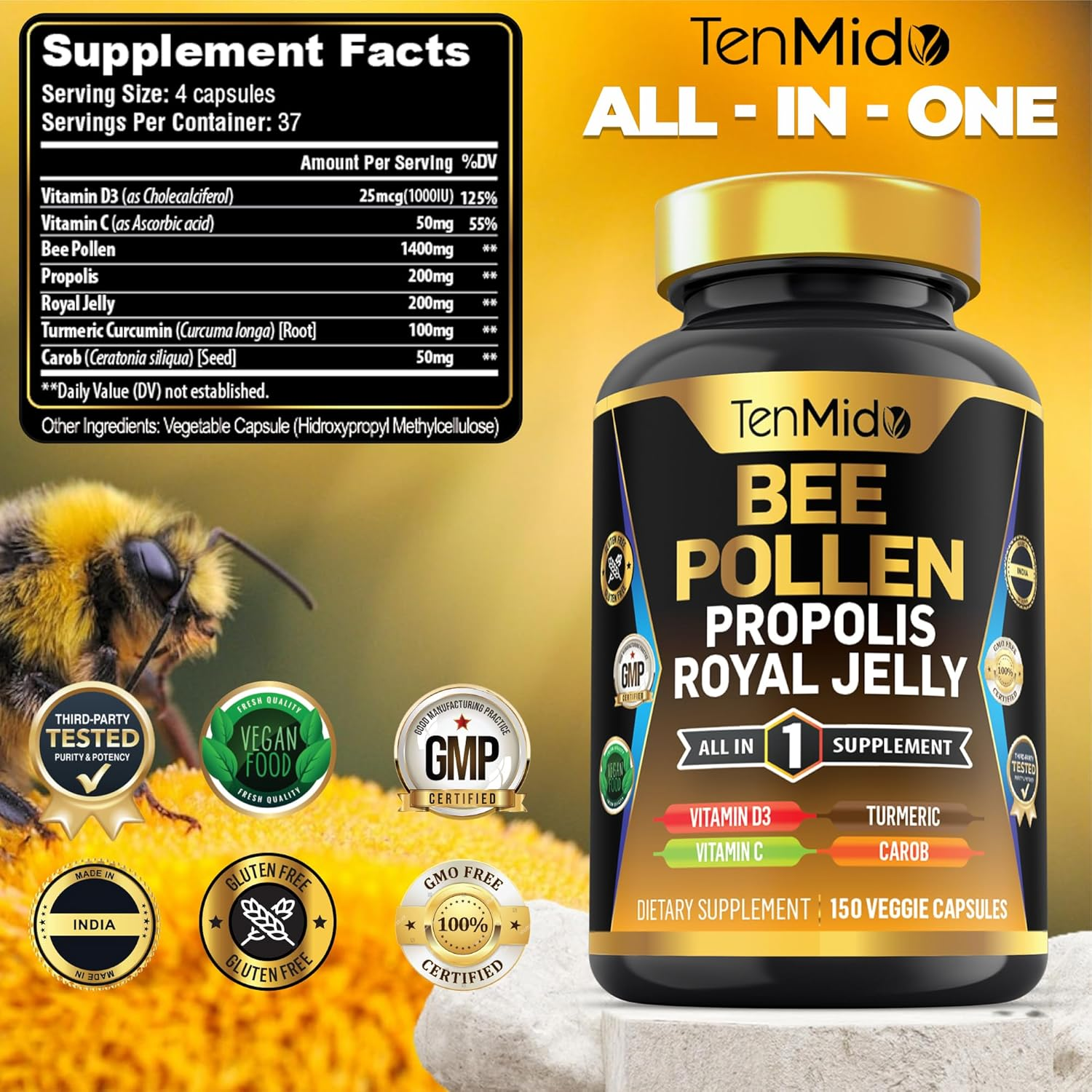 Bee Pollen Capsules for Men and Women, 7In1 Formula with Propolis, Royal Jelly, Turmeric, Carob & More -150 Capsules