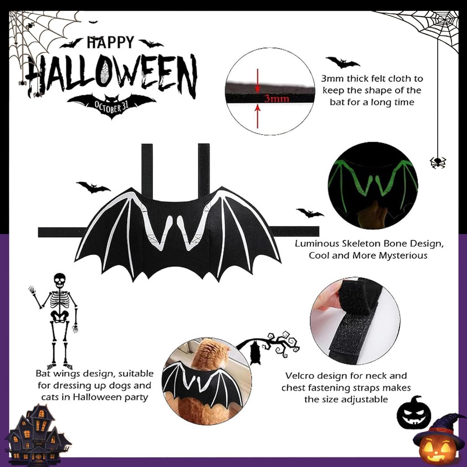 1 PCS Glow-In-The-Dark Bat Wings Costume Halloween Pet Costume Pet Cosplay Cat and Dog Costumes for Party 36 Cm *19.5 Cm /14.2 In*7.7 in (S) image number 5