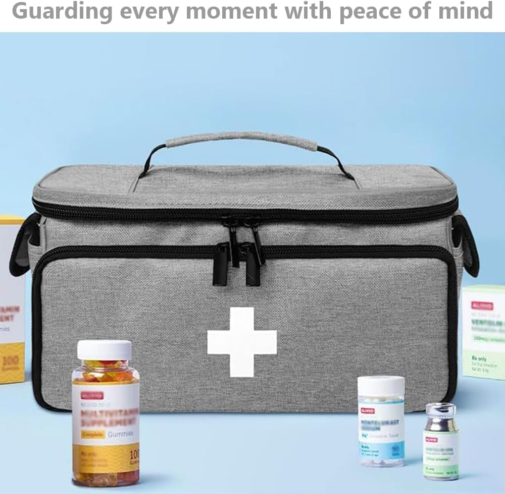 Portable Medical Storage Case, Large Capacity Medicine Supply Organizer Box, with Handle & Compartments for Home, Travel, Car Emergency Kit (Gray)