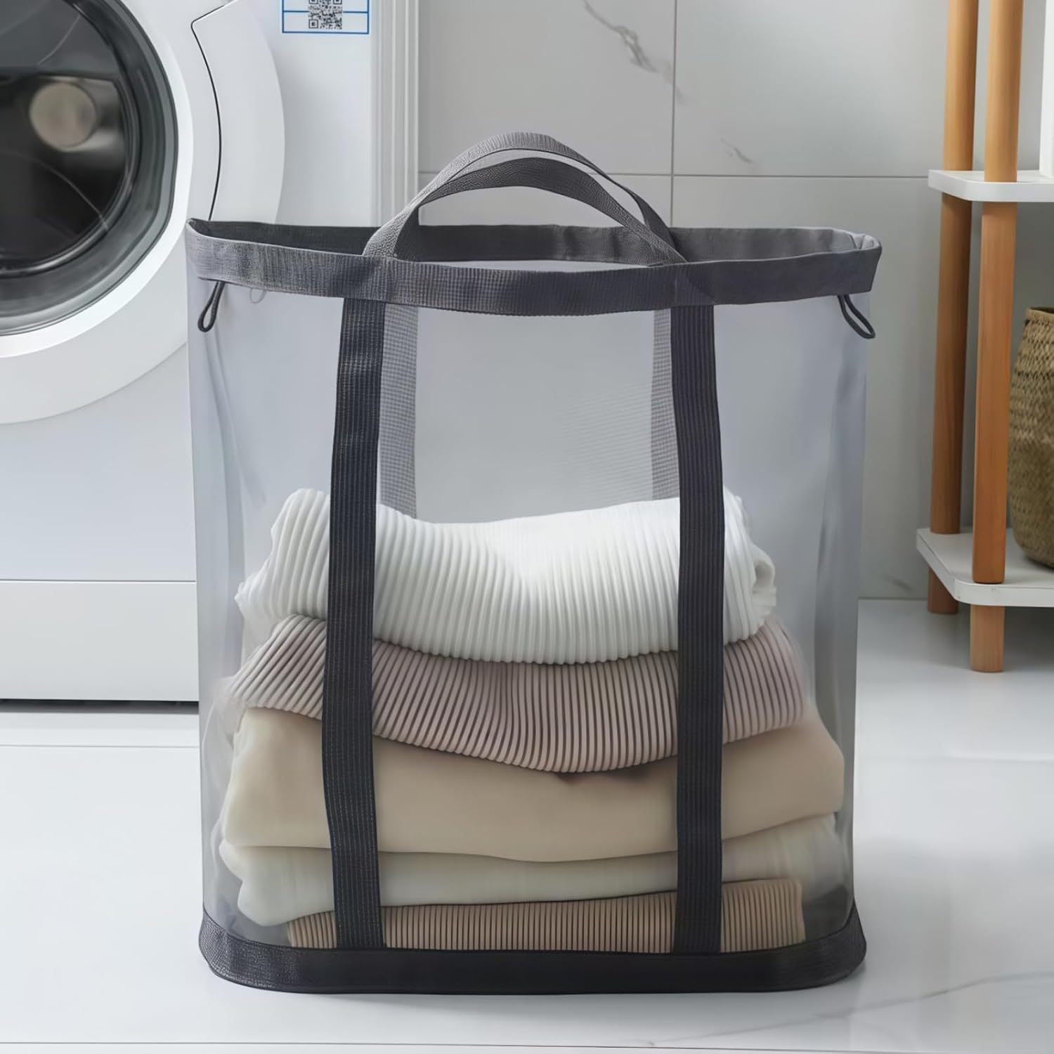 Foldable Mesh Laundry Hamper Bag with Handles - Breathable Collapsible Clothes & Toy Storage Basket for Bathroom, Bedroom, Beach, Travel (Grey) image number 4