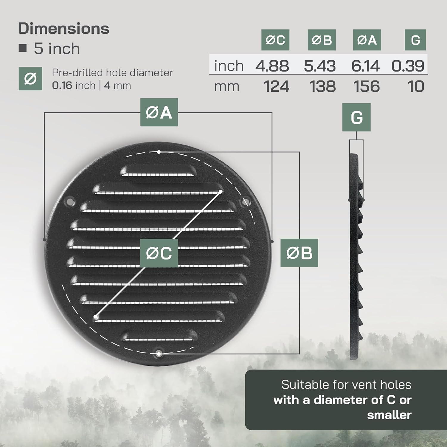 Vent Systems - 5 Inch (Inner) Black Metal round Soffit Air Vent Grille Cover, Register Air Vent Deflector, Louver - Built-In Mesh - HVAC for Bathroom, Home Office, Kitchen 6 Inch (Outer) image number 4