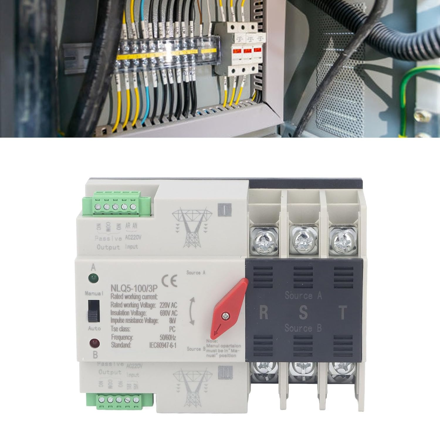 Dual Power Automatic Transfer Switch, 3P AC Flame Retardant PC Transfer Changeover Switch for Home (63A)