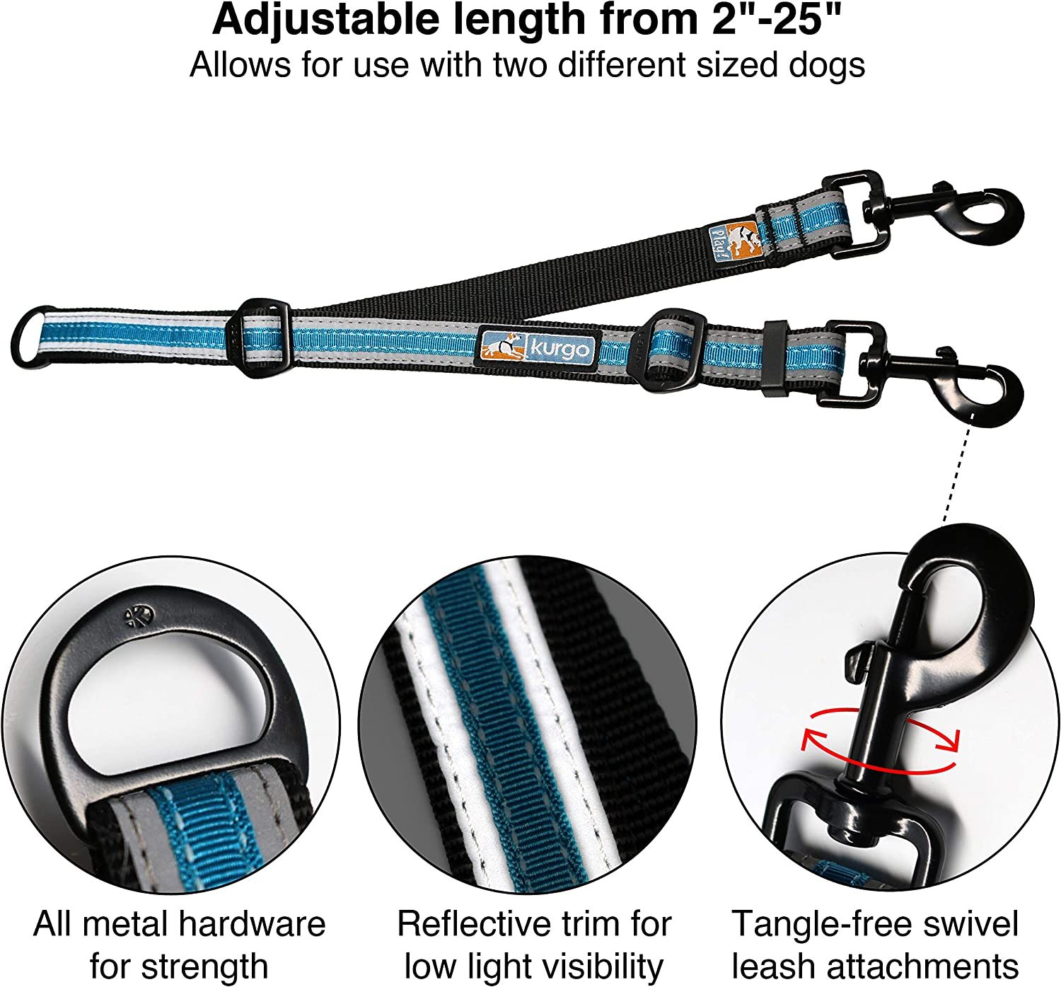 Kurgo Double Dog Leash | Two Dog Lead | Dual Leashes for Dogs | Leash Coupler | Adjustable | Reflective | Tangle-Free | Double Dog Leash Extender image number 5