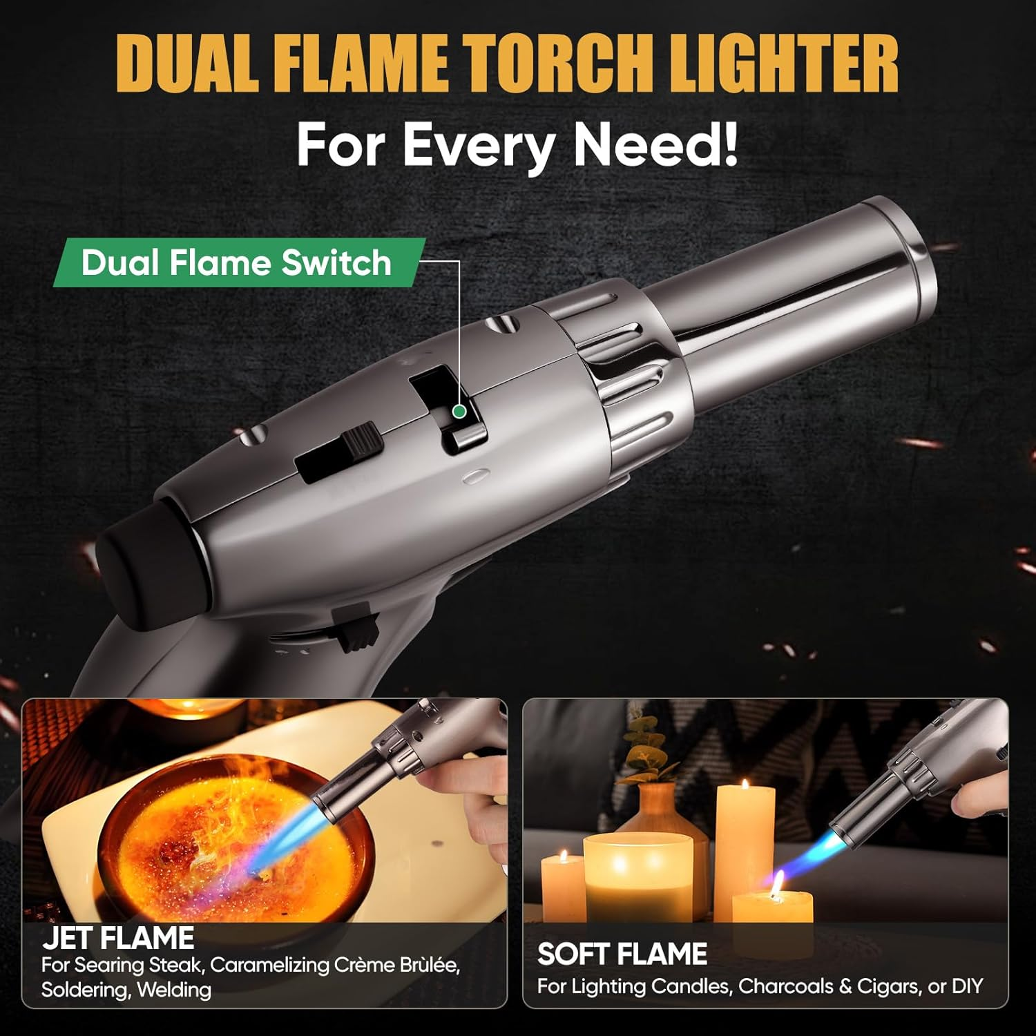 KOACKL Dual Flame Metal Blow Torch, Refillable Butane Torch, Adjustable Flame with Ignition Lock Mini Torch Lighter for Cooking, Creme Brulee, Soldering, Welding (Butane Gas Not Included) image number 6