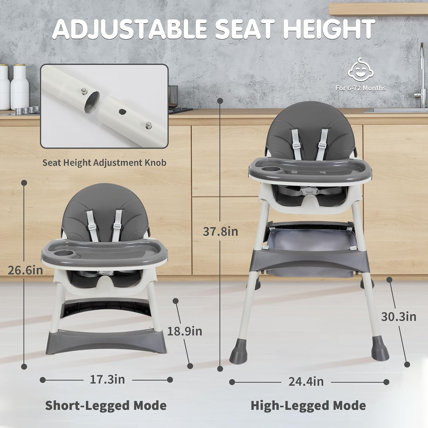 Baby High Chair, 6 in 1 Convertible High Chairs for Babies and Toddlers with 5-Point Safety Harness, Foldable High Chair for Space-Saving, Adjustable Dining Tray, Backrest & Height, Easy to Clean Surface image number 2