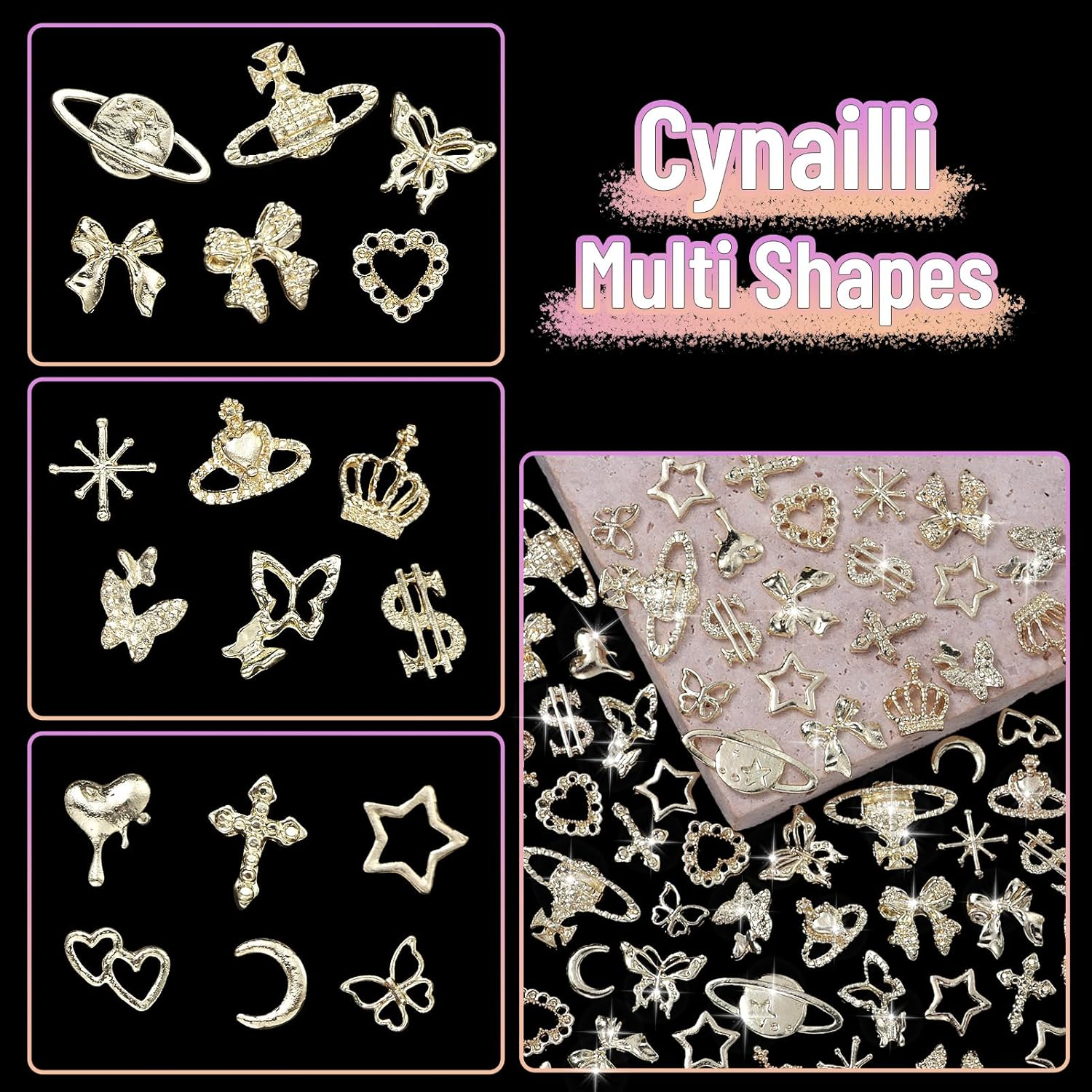 180 Pcs Gold Nail Charms and Gems, Crown Heart Bow Star Butterfly Planet Cross Alloy Nail Art Jewelry 18 Styles Metal Shiny Luxury Nail Art Decoration Y2K Fold Nail Charms for Nails Art Design image number 5