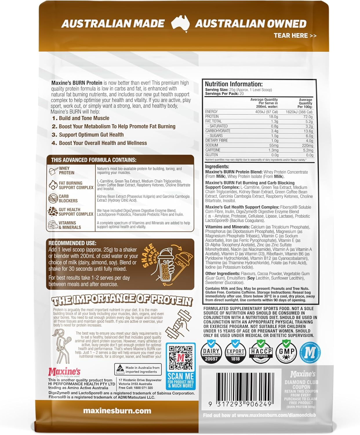 Maxine'S Burn Chocolate Honeycomb Gluten Free Protein Powder 500 G