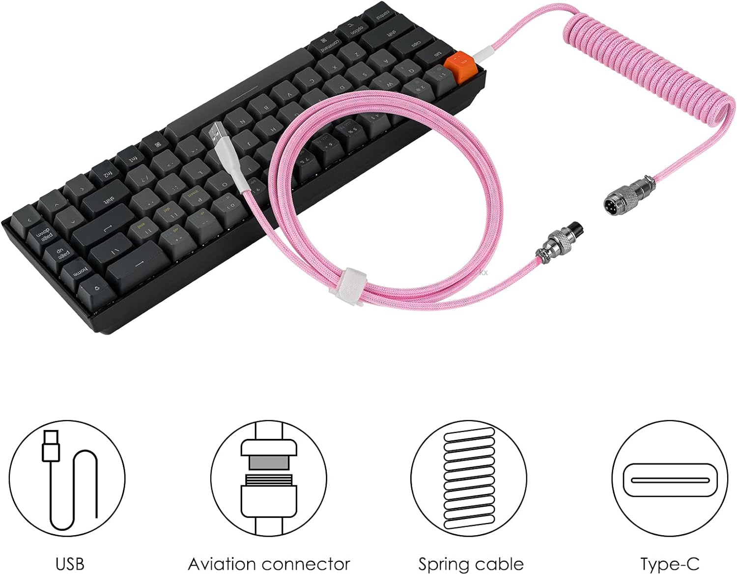 Geekria Coiled USB-C Gaming Keyboard Cable with Aviator Connector, 5-Pin Braided Double-Sleeved Mechanical Keyboard Cable Compatible with Keychron K8 K7 K6Pro, Logitech G715 G713 (Pink 5FT) image number 5