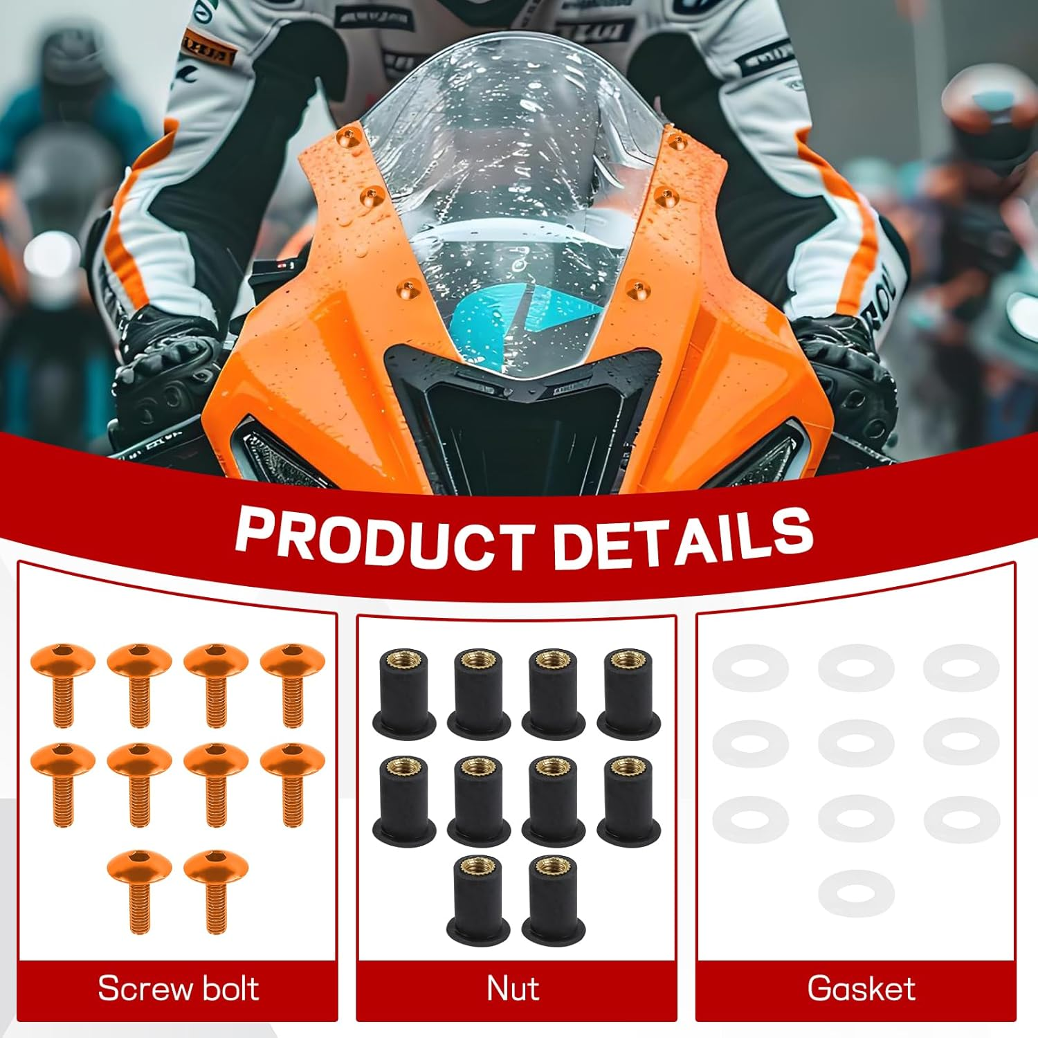 Hovom 10PCS Motorcycle Windshield Bolts Screws Kit, Aluminum Motorbike Windscreen Body Mounting Kit with Bolts Nuts Washers, M5&times;16Mm Windshield Installation Fasteners for Motorcycle (Orange) image number 4