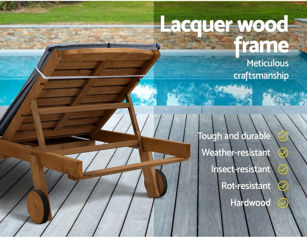 Gardeon Wooden Sun Lounge Camping Chair, Adjustable Backrest Chaise Beach Chair with Wheels, Cushion and Pillow, Outdoor Furniture for Garden, Patio, Poolside and Backyard, Grey image number 1