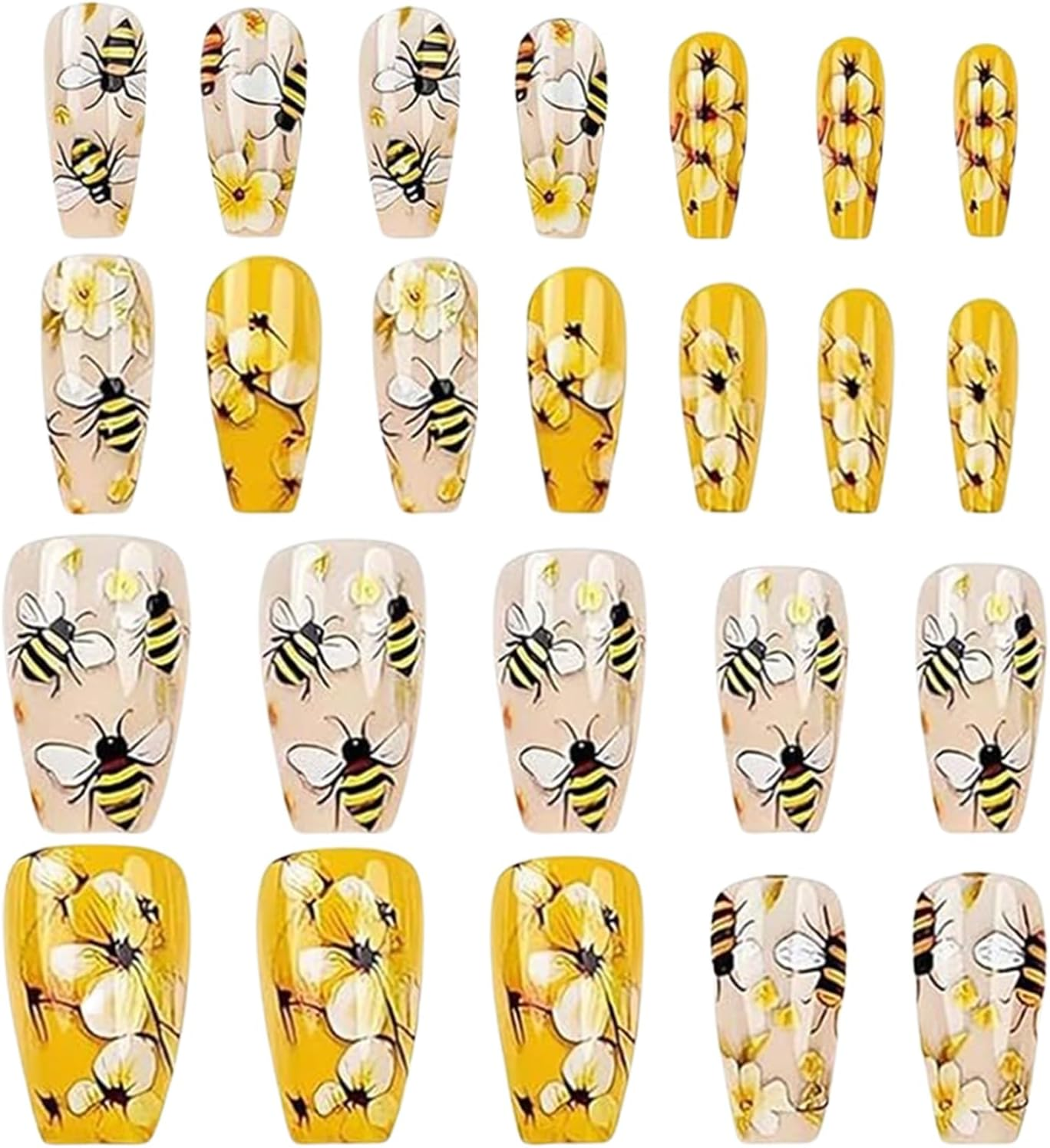 Nail Stickers | Medium Length Artificial Nails - Accessories for Art Manicure, 24 Artificial Nails Bees and Flowers for Women and Girls image number 2