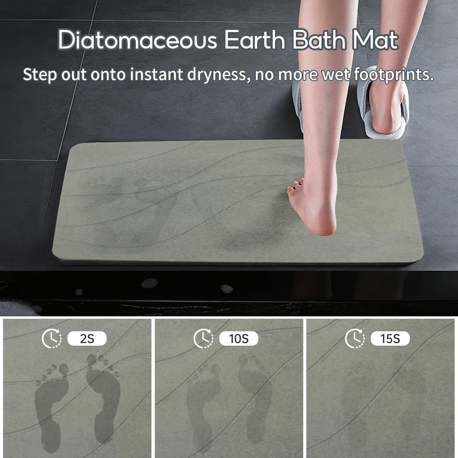 Natureva Home - Stone Bath Mat | Super Absorbent, Quick Dry, Non Slip | Modern Diatomite Bathroom Mats | Made of Natural Diatomaceous Earth (Light Gray, 60 * 40CM, Flat) (Line) image number 4