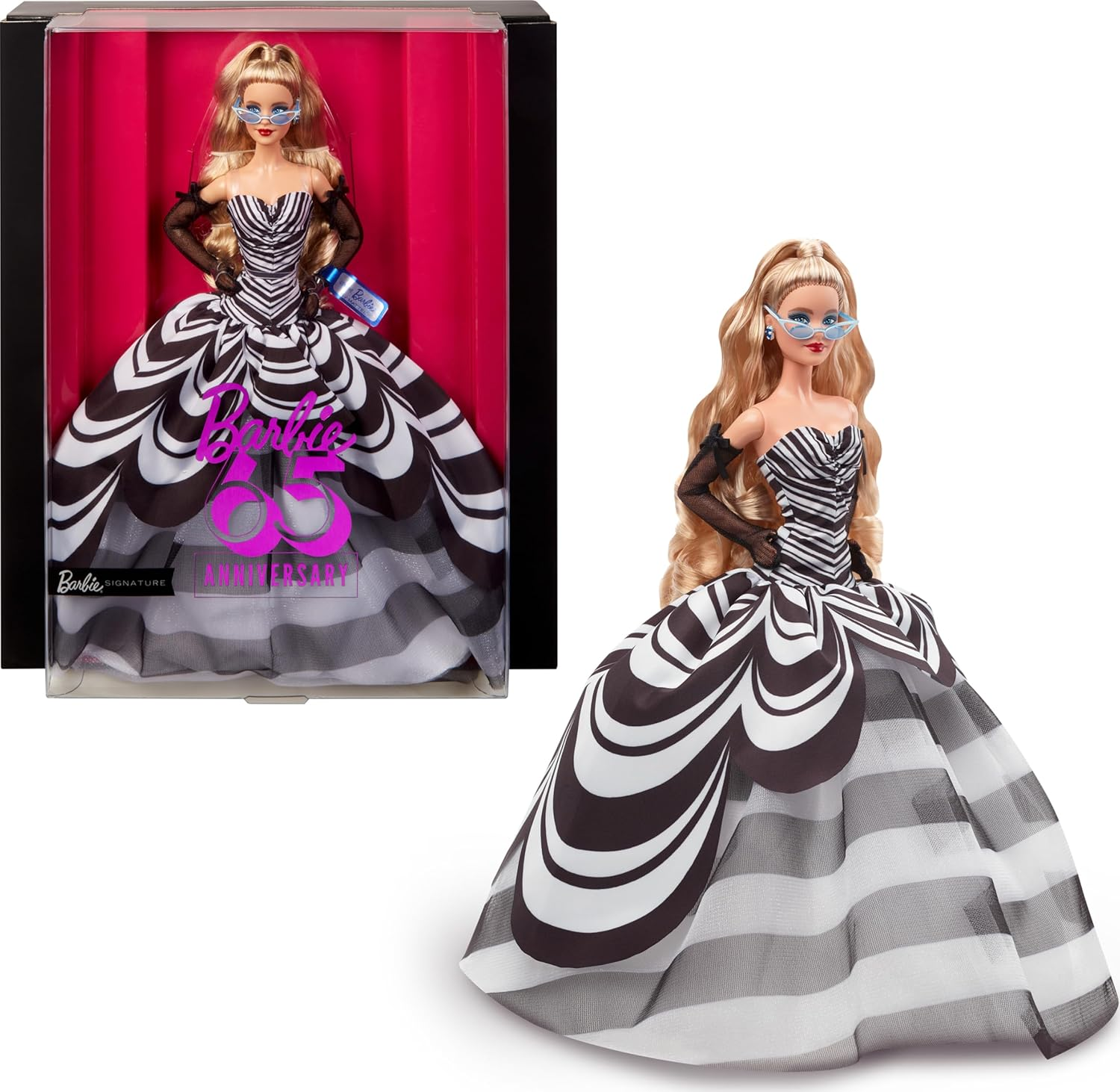 Barbie Signature Doll, 65Th Anniversary Collectible with Blonde Hair, Black and White Gown, Sapphire Gem Earrings and Sunglasses image number 5