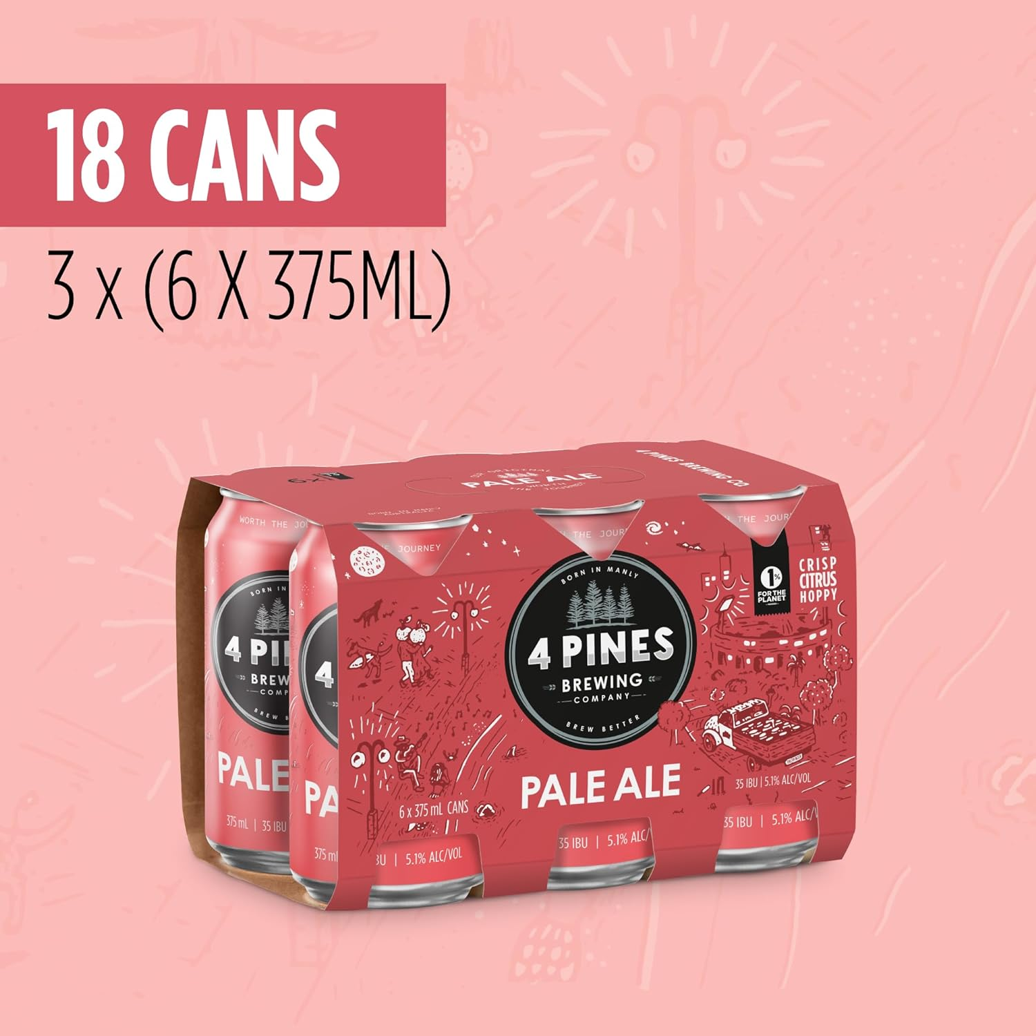 4 Pines Pale Ale, American Style Pale Ale, Hoppy & Crisp, 5.1% ABV, 375Ml (Case of 18 Beer Cans) image number 1