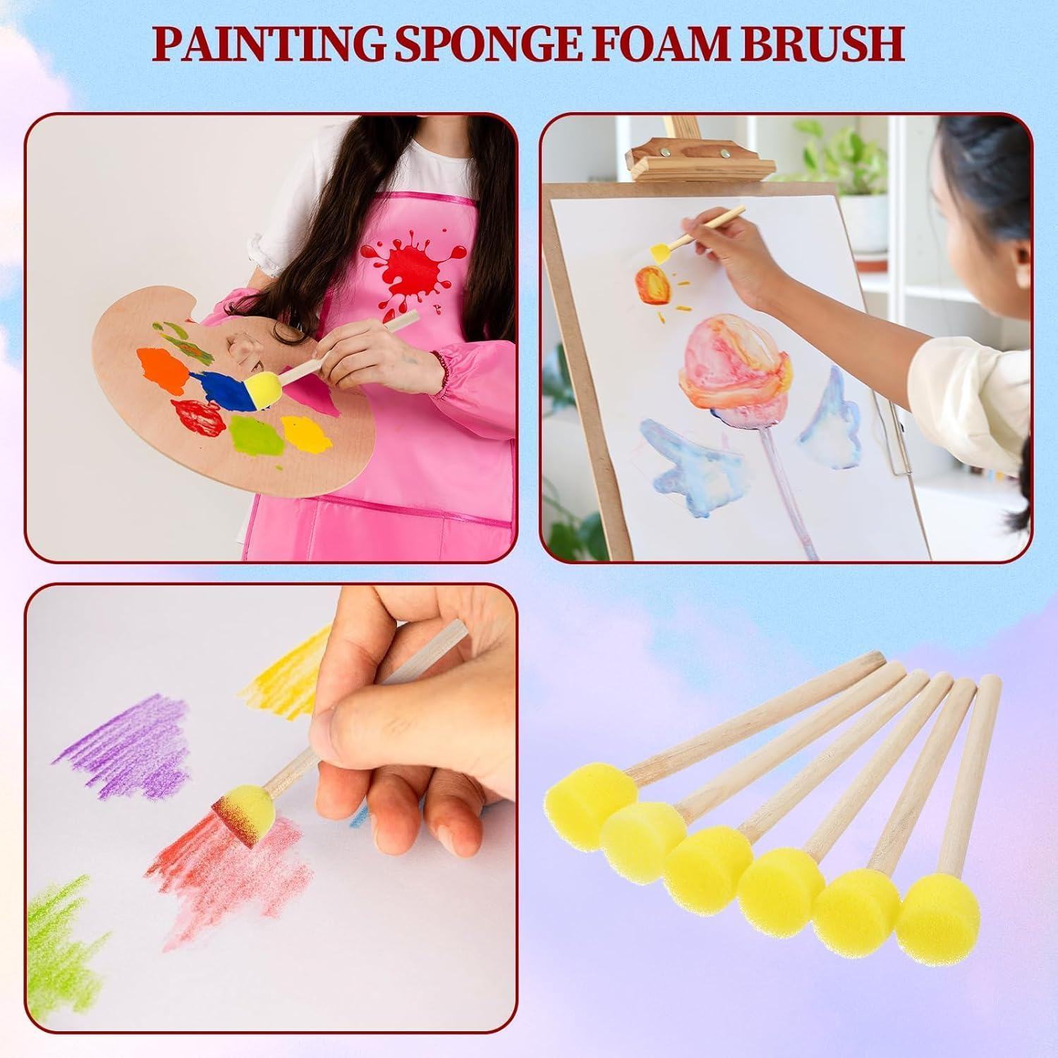 Round Painting Sponge Brush, 30Pcs Yellow round Sponges Brushes Wooden Handle round Foam Brushes,Round Wooden Handle Sponge Foam Brush Yellow Sponge Brush,Round Foam Brush Sponge Brushes for Painting image number 1