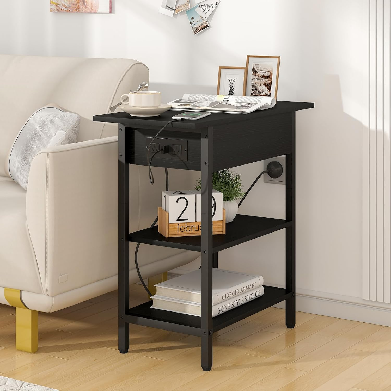 Advwin Sofa Side Table with Charging Station Narrow Flip Top Bedside End Table with AC Outlets and USB Ports Small Night Stand with Open Shelf for Livingroom Bedroom Office Study, Black