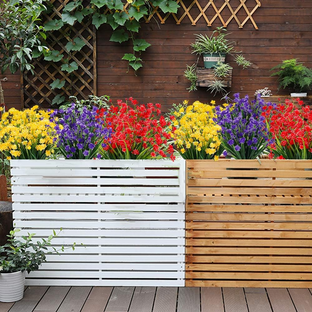 TELDRASSIL 9 Bundles Artificial Flowers Outdoor UV Resistant Fake Plastic Flowers Faux Plastic Shrubs for Indoor Outdoor Window Home Garden Decoration - Blue Purple Yellow image number 5