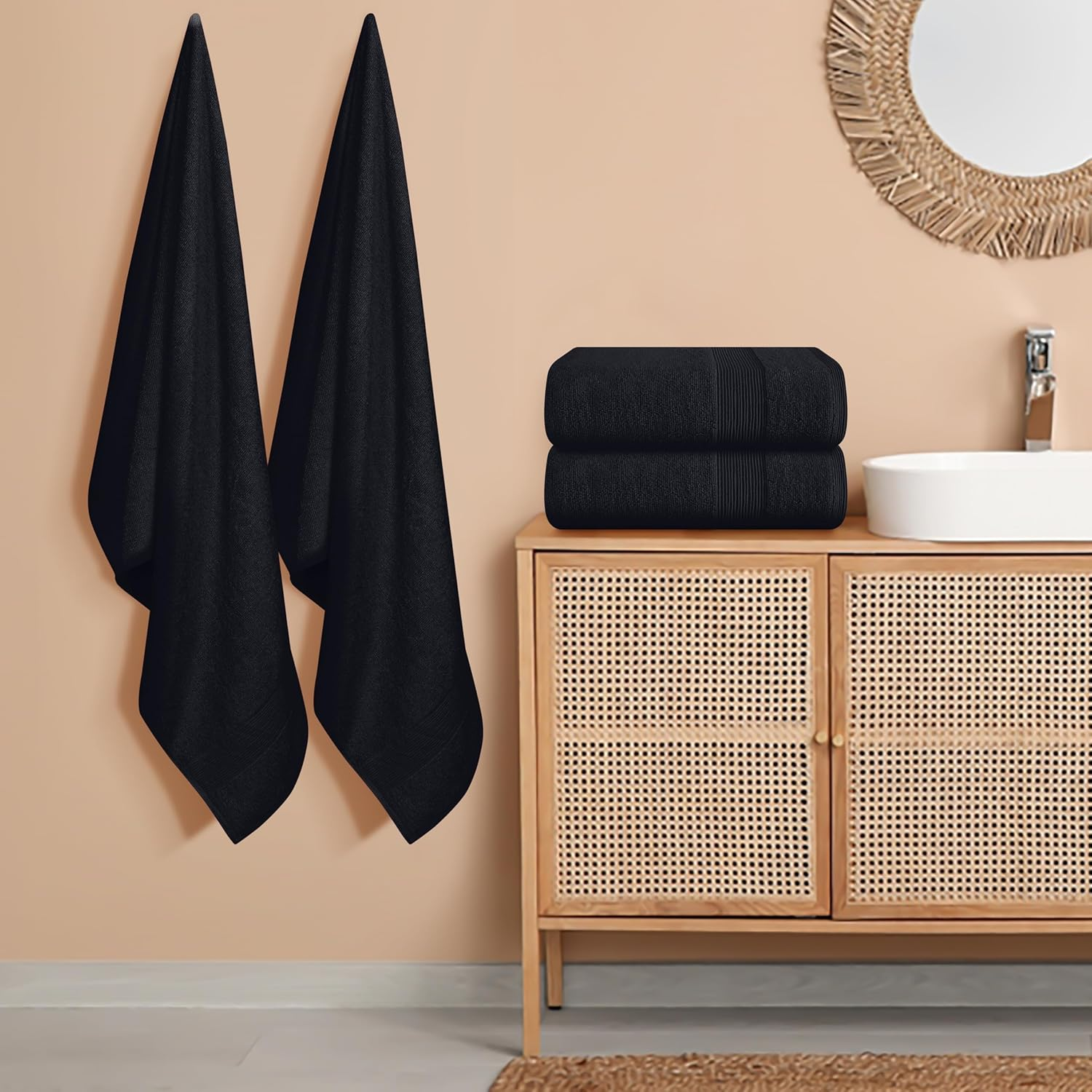 Elvana Home 4 Pack Bath Towel Set 27X54, 100% Ring Spun Cotton, Ultra Soft Highly Absorbent Machine Washable Hotel Spa Quality Bath Towels for Bathroom, 4 Bath Towels Black - Black image number 5