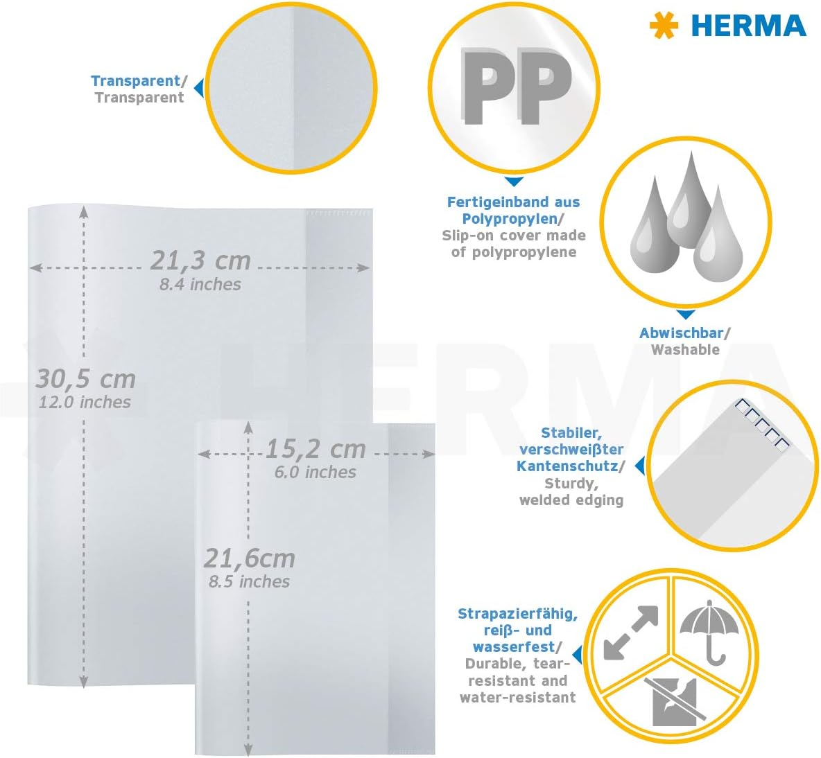 HERMA Clear Exercise Book Cover A5 Landscape, Made of Wipeable and Sturdy Plastic, Slip on Cover Jackets for School, Transparent, 19899