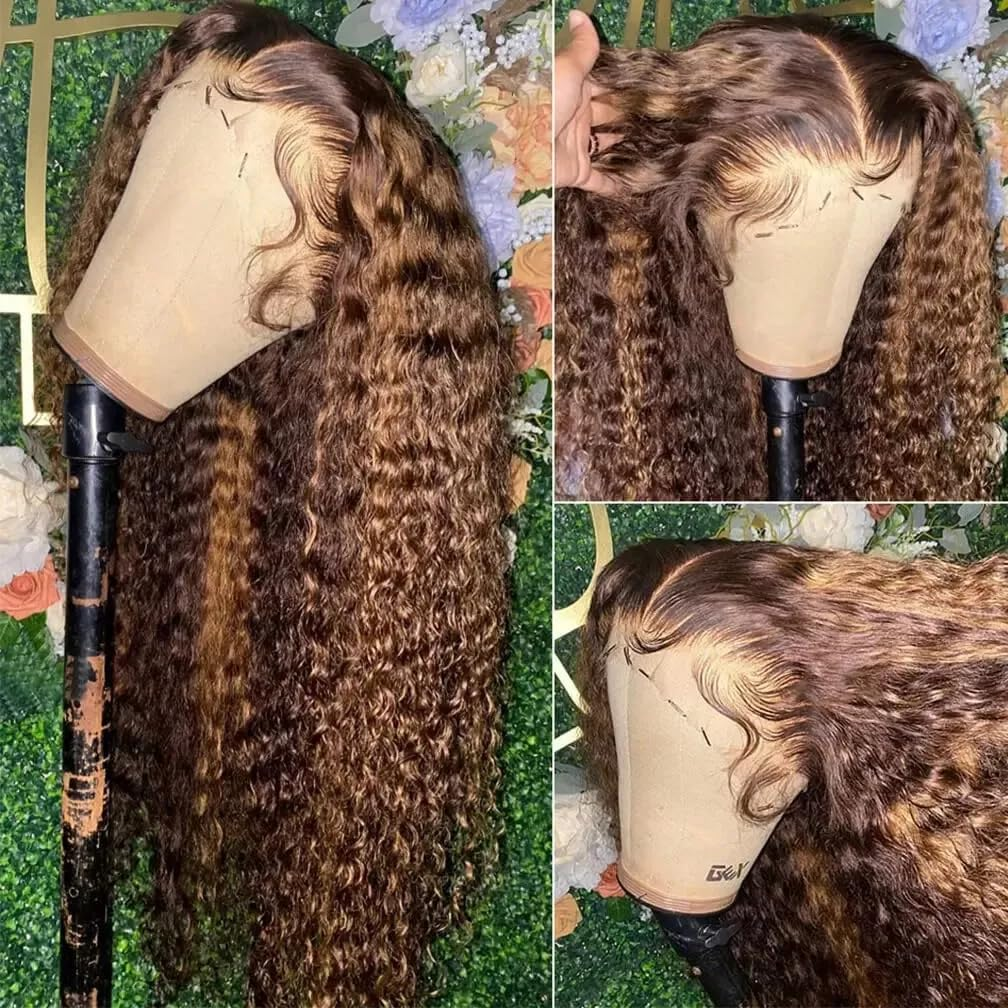 26 Inch Highlight HD Transparent Lace Front Wig Human Hair Pre Plucked 180% Density Glueless Flawless Hairline Curly Human Hair Wigs for Black Women 4/30 Coloured Wigs image number 6