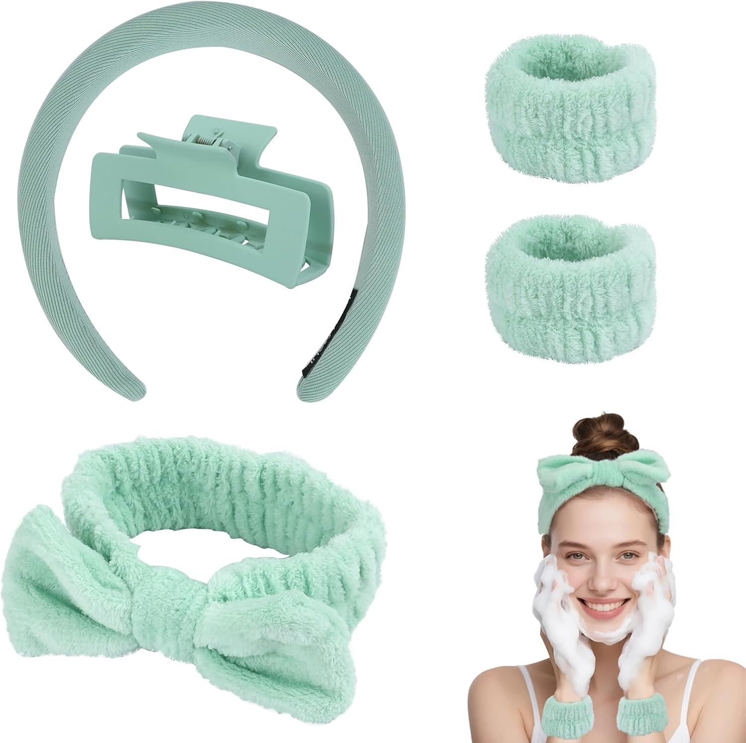 WRENYZK Pack of 5 Spa Headband for Washing Face Wristband and Hair Clips Set, Makeup Hair Band Cosmetic Headband for Women Girls Skin Care Facial Cleansing Yoga (Green) image number 5