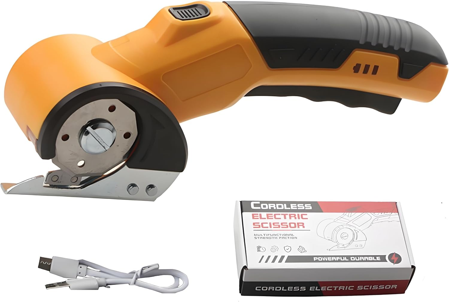 Migazelle Electric Scissors, Cordless Rotary Box Cutter for Cardboard, Fabric, Leather, Plastic & Carpet, USB Rechargeable, Safety Lock, LED Light, Ergonomic Design for Easy Cutting (Yellow) image number 6